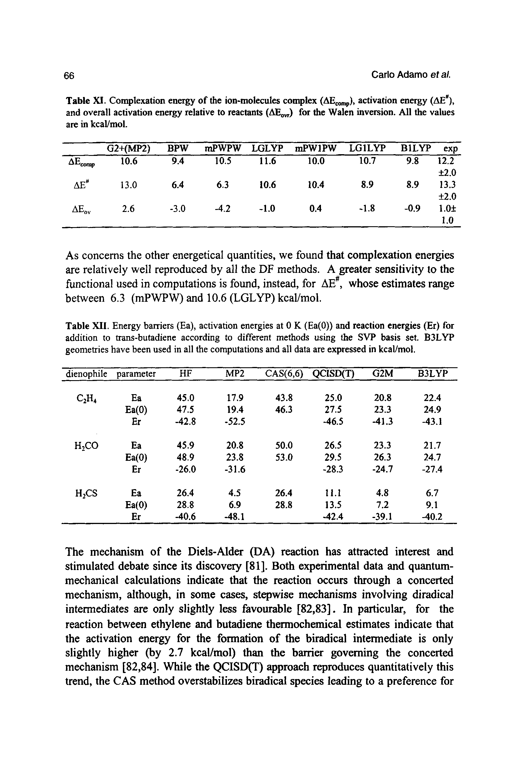 Table XI. Complexation energy of the ion-tnoiecules complex (AEcomp), activation energy (AE ), and overall activation energy relative to reactants (AE ) for the Walen inversion. All the values are in kcal/mol.