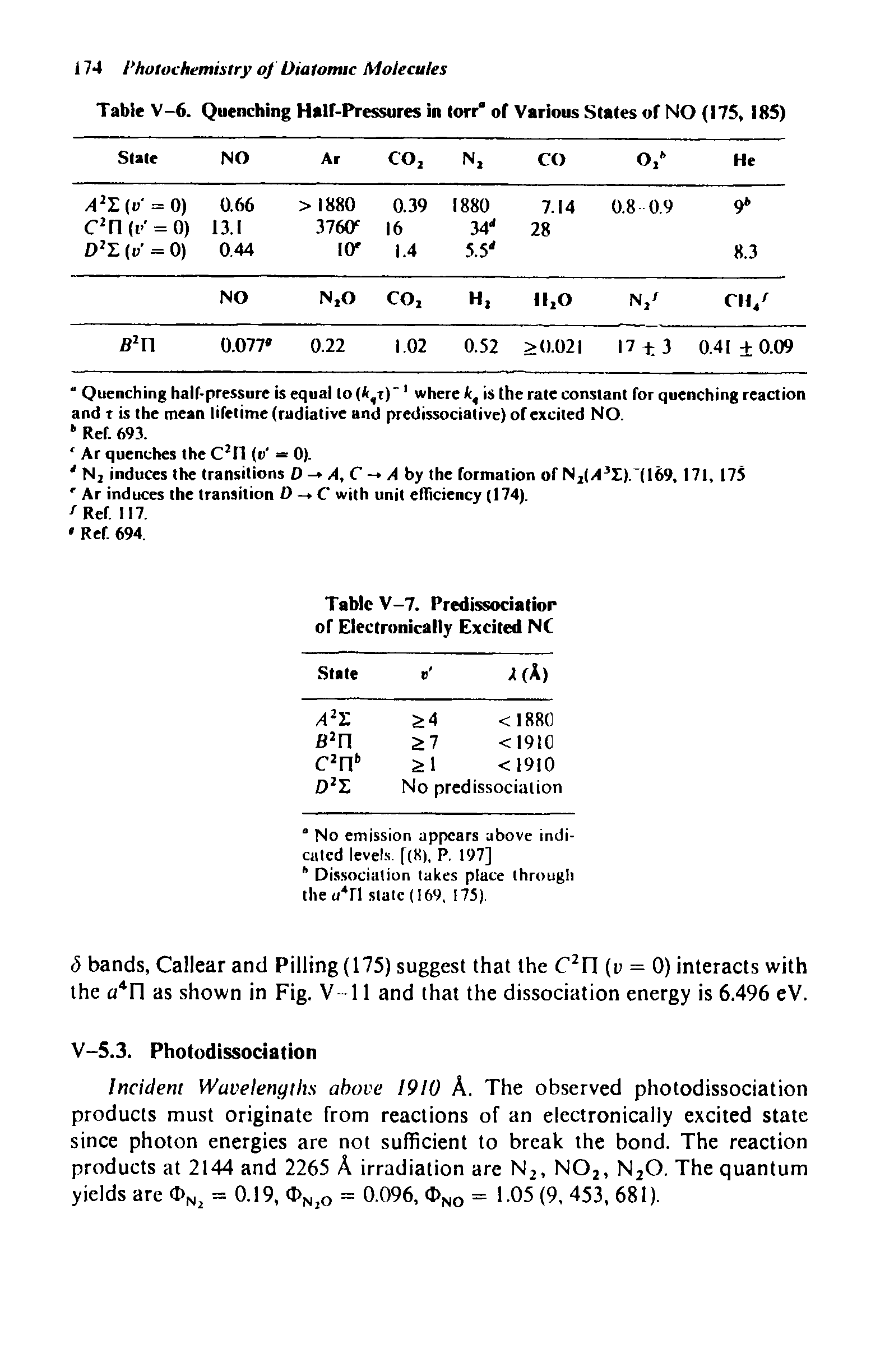 Table V-6. Quenching Half-Pressures in torr of Various States of NO (175, 185)...