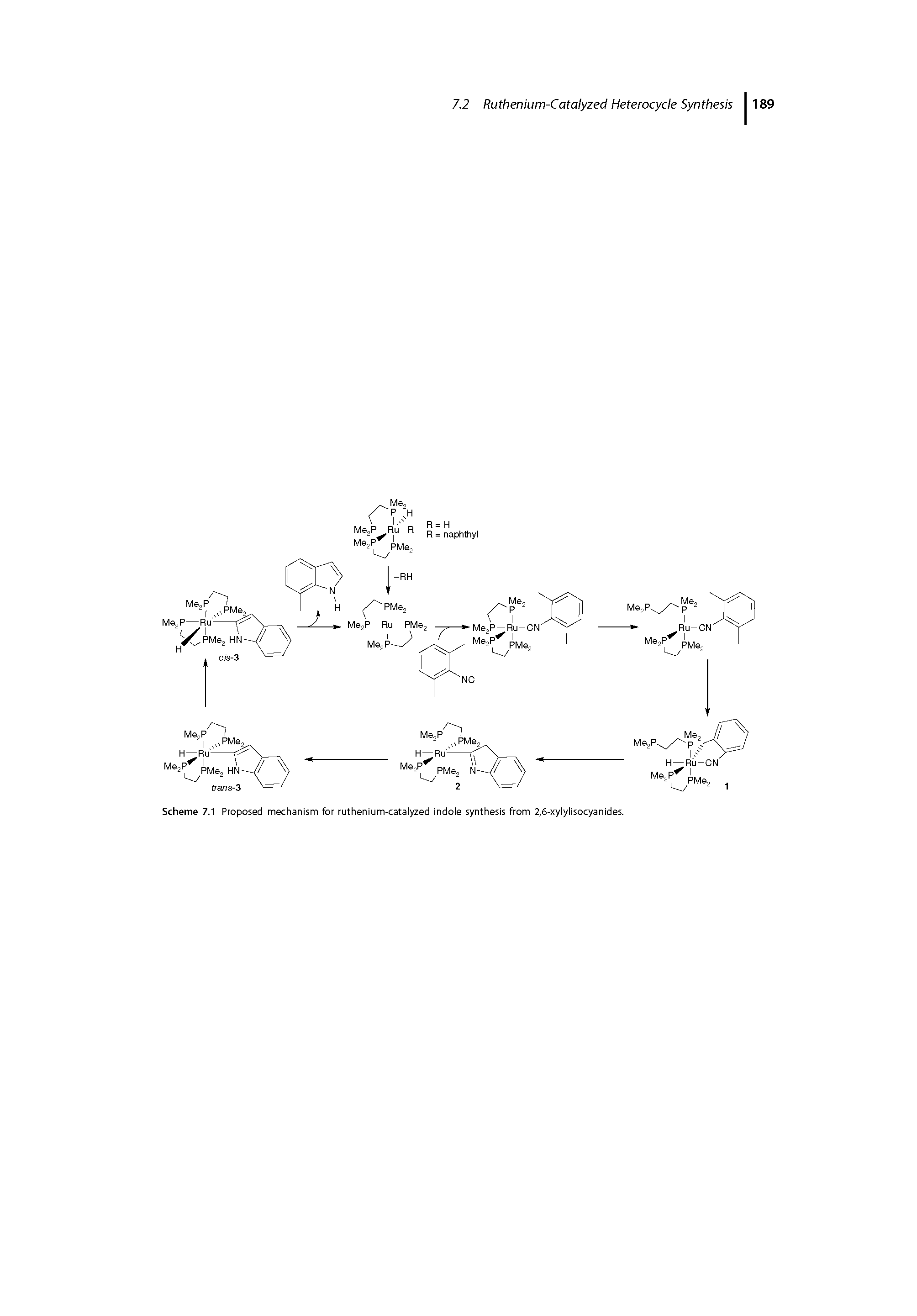 Scheme 7.1 Proposed mechanism for ruthenium-catalyzed indole synthesis from 2,6-xylylisocyanides.
