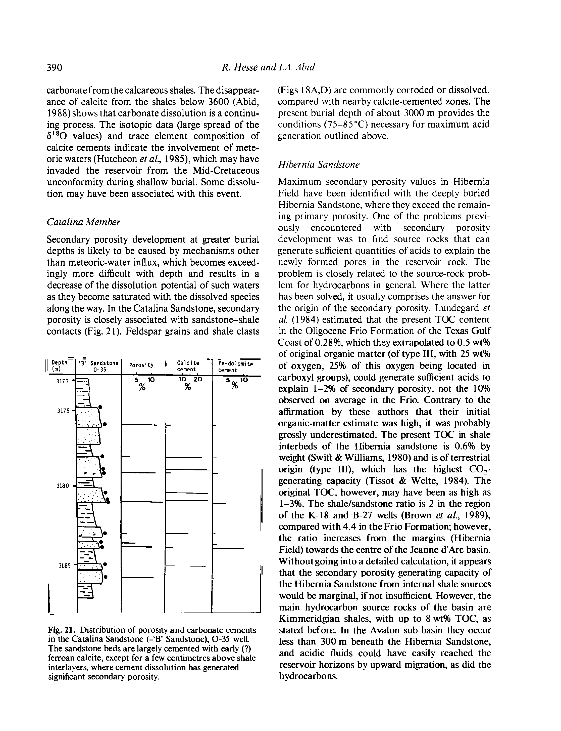 Fig. 21. Distribution of porosity and carbonate cements in the Catalina Sandstone (= B Sandstone), 0-35 well. The sandstone beds are largely cemented with early ( ) ferroan calcite, except for a few centimetres above shale interlayers, where cement dissolution has generated significant secondary porosity.
