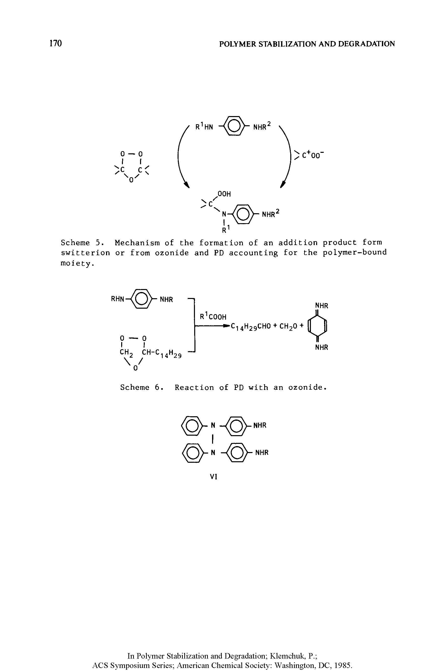 Scheme 5. Mechanism of the formation of an addition product form switterion or from ozonide and PD accounting for the polymer-bound moiety.