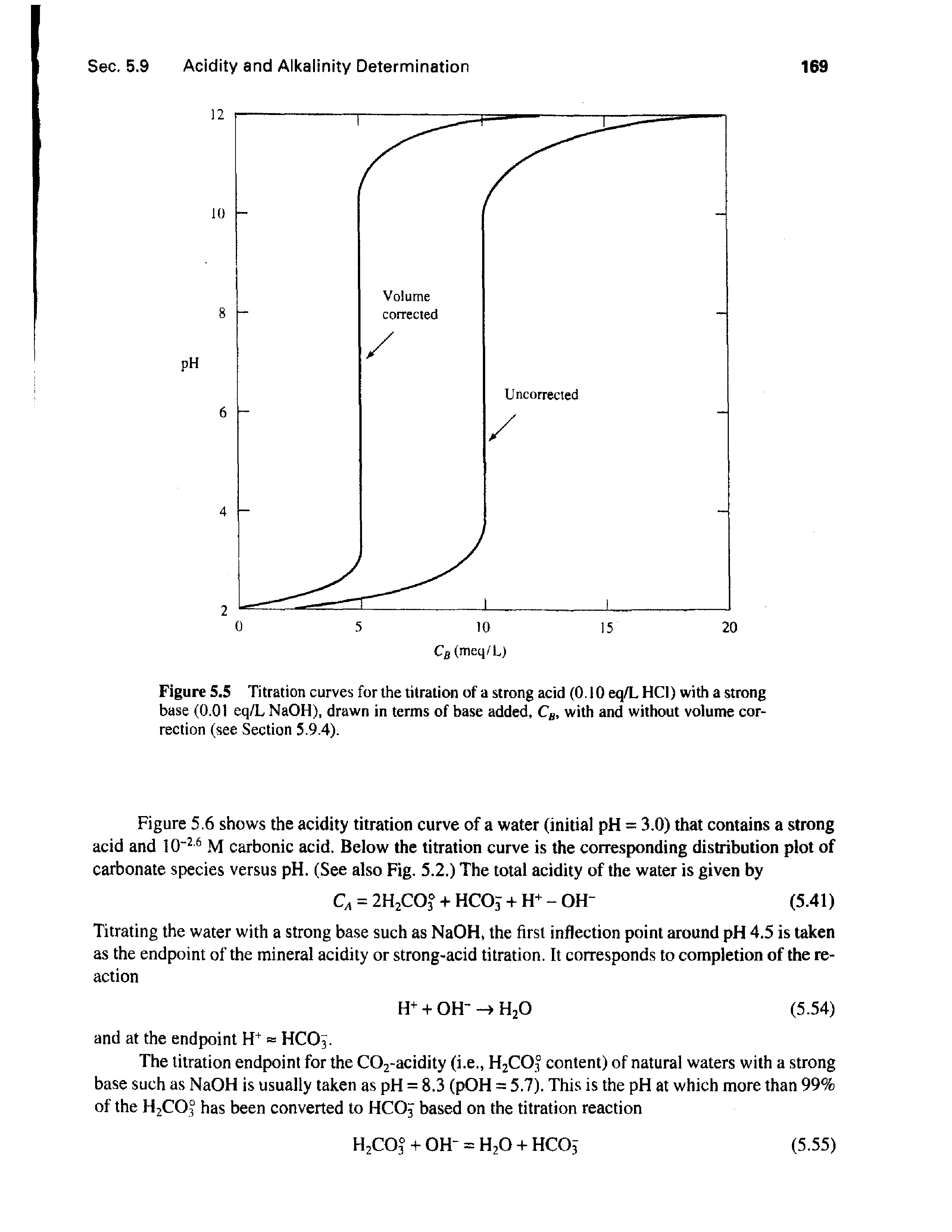 Figure 5. 6 shows the acidity titration curve of a water (initial pH = 3.0) that contains a strong acid and I0 M carbonic acid. Below the titration curve is the corresponding distribution plot of carbonate species versus pH, (See also Fig. 5.2.) The total acidity of the water is given by...