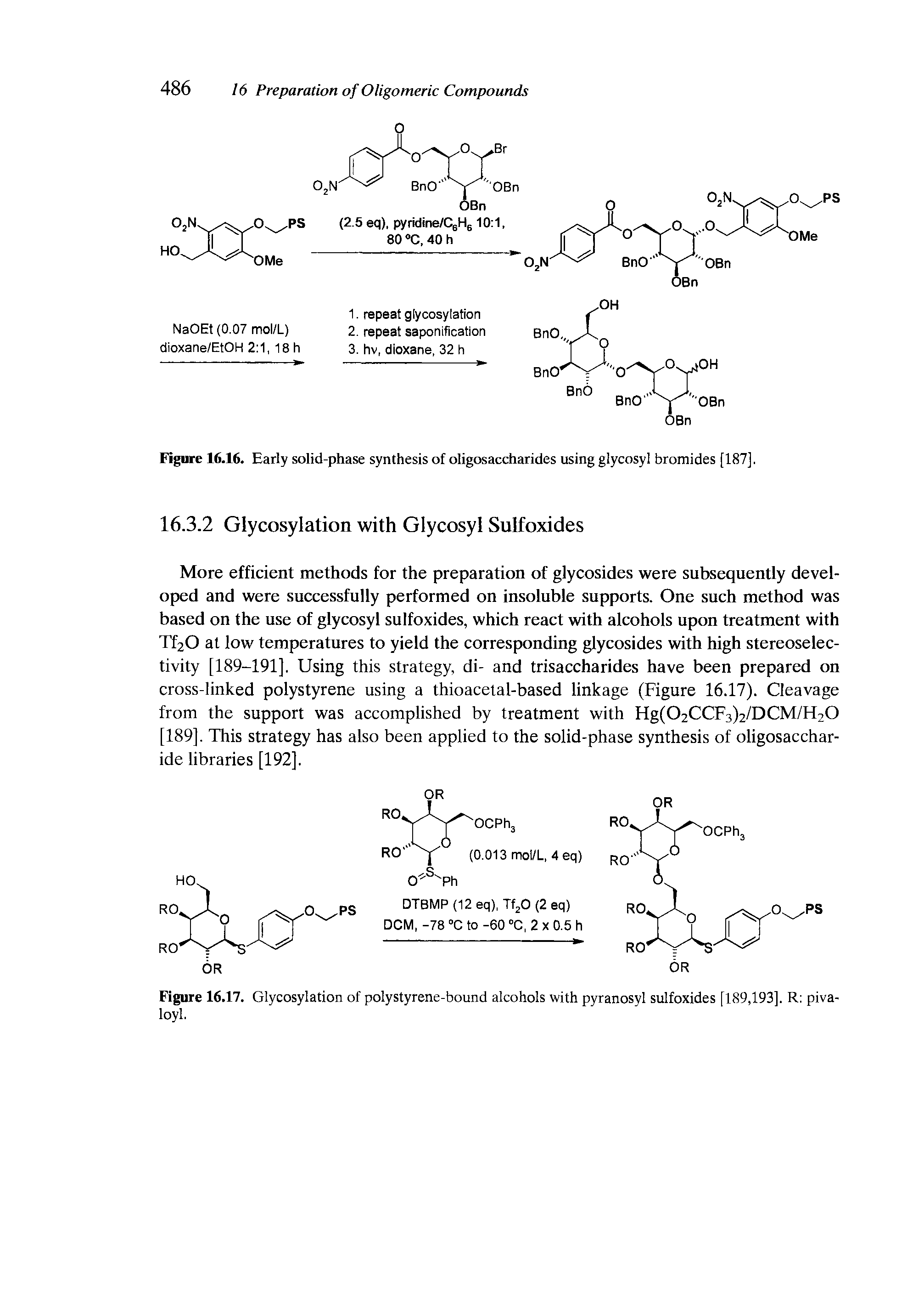 Figure 16.17. Glycosylation of polystyrene-bound alcohols with pyranosyl sulfoxides [189,193]. R piva-loyl.