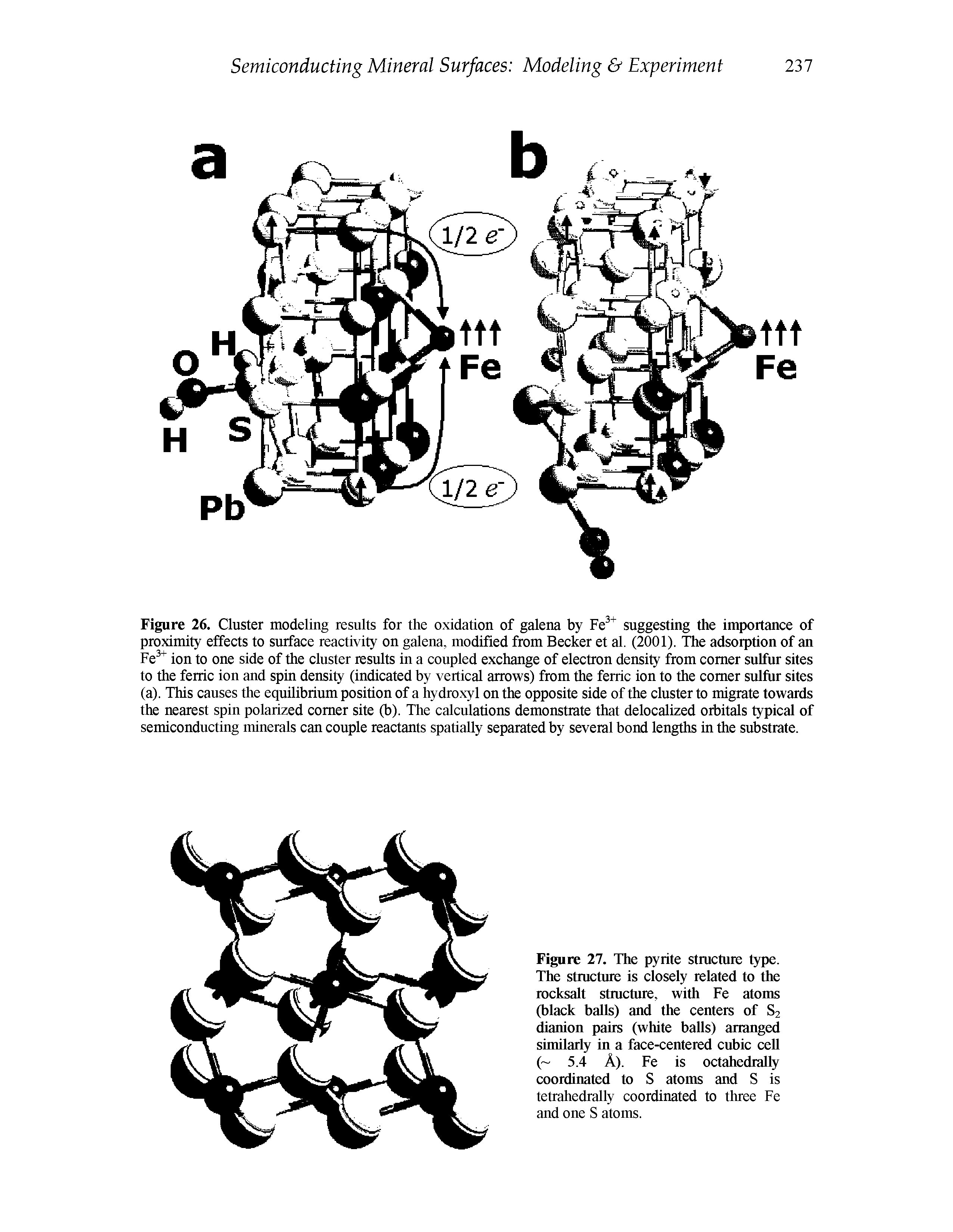 Figure 26. Cluster modeling results for the oxidation of galena by Fe suggesting the importance of proximity effects to surface reactivity on galena, modified from Becker et al. (2001). The adsorption of an Fe ion to one side of the cluster results in a coupled exchange of electron density from comer sulfur sites to the ferric ion and spin density (indicated by vertical arrows) from the ferric ion to the comer sulfur sites (a). This causes the equilibrium position of a hydroxyl on the opposite side of the cluster to migrate towards tlK nearest spin polarized comer site (b). The calculations demonstrate that delocalized orbitals typical of semiconducting minerals can couple reactants spatially separated by several bond lengths in the substrate.