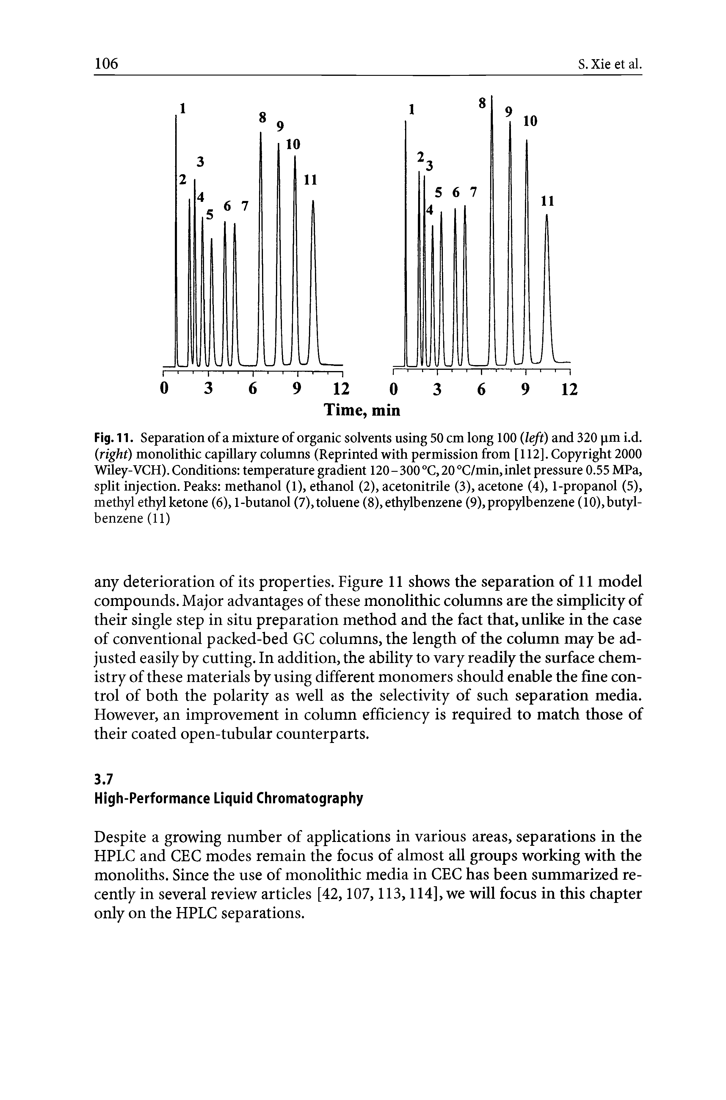 Fig. 11. Separation of a mixture of organic solvents using 50 cm long 100 (left) and 320 pm i.d. (right) monolithic capillary columns (Reprinted with permission from [112]. Copyright 2000 Wiley-VCH). Conditions temperature gradient 120 - 300 °C, 20 °C/min, inlet pressure 0.55 MPa, split injection. Peaks methanol (1), ethanol (2), acetonitrile (3), acetone (4), 1-propanol (5), methyl ethyl ketone (6), 1-butanol (7),toluene (8), ethylbenzene (9),propylbenzene (10),butyl-benzene (11)...