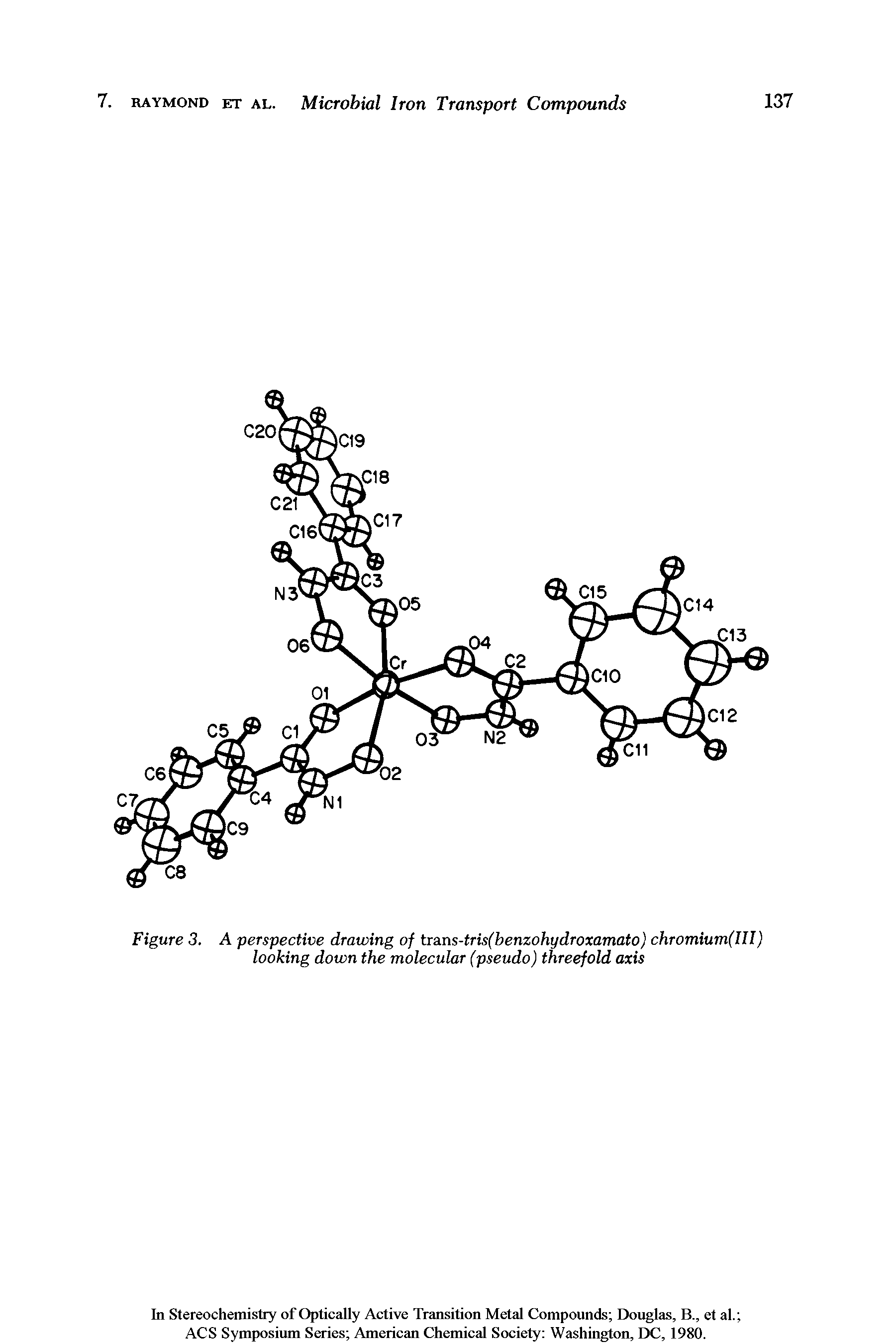 Figure 3. A perspective drawing of trans-tris(benzohydroxamato) chromium(III) looking down the molecular (pseudo) threefold axis...