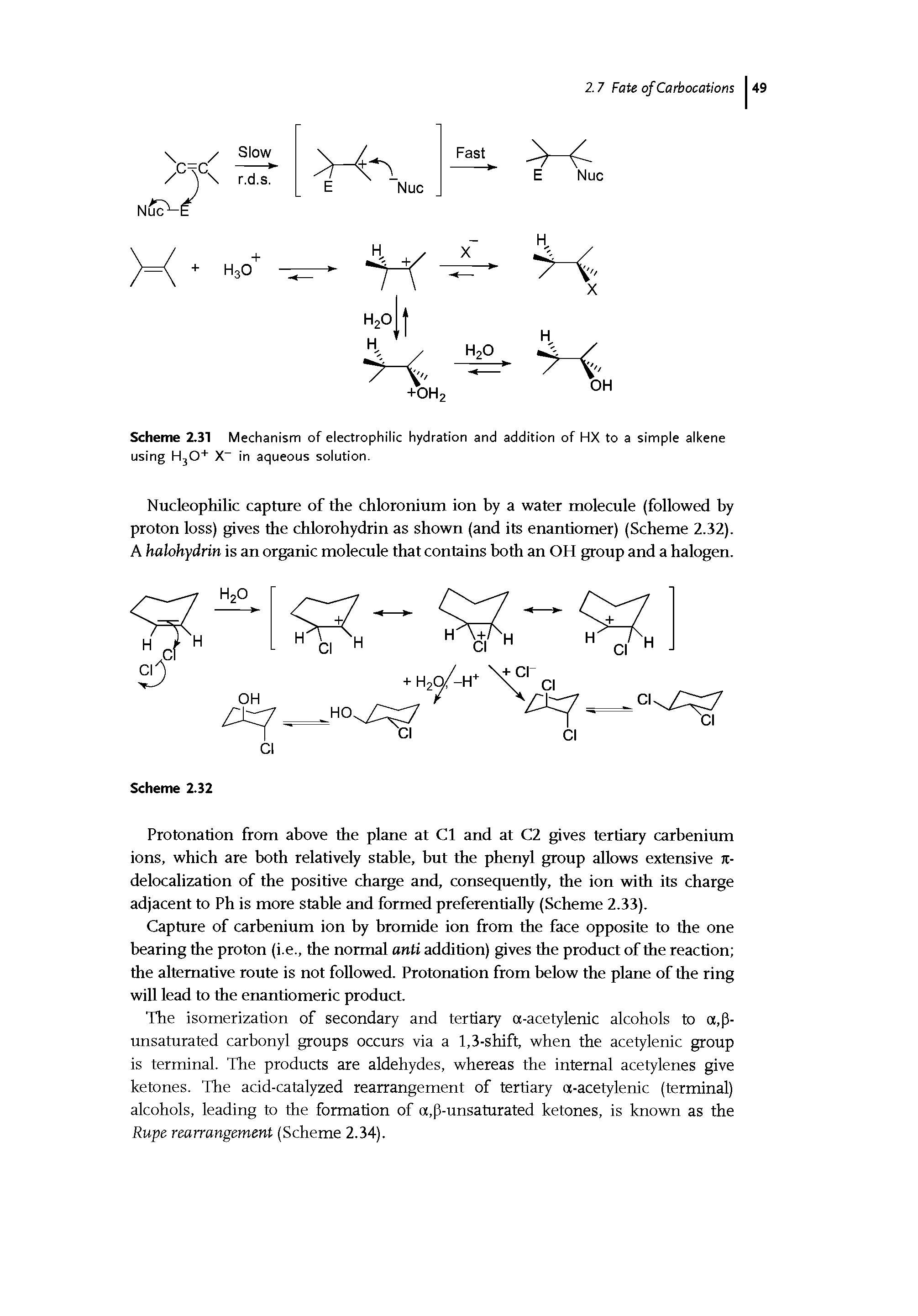 Scheme 2.31 Mechanism of electrophilic hydration and addition of HX to a simple alkene using HjO X in aqueous solution.