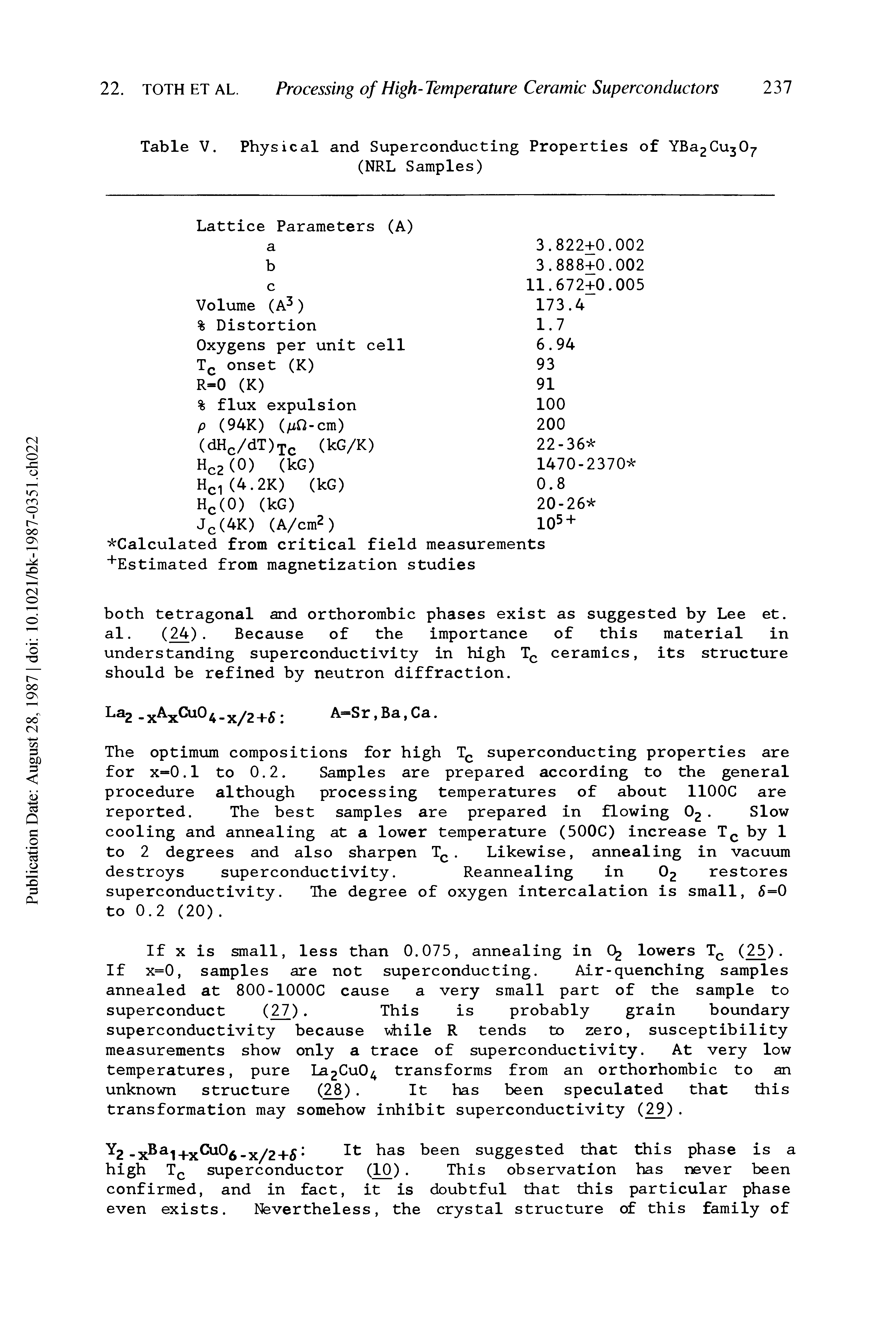 Table V. Physical and Superconducting Properties of YBa2Cu307 (NRL Samples)...