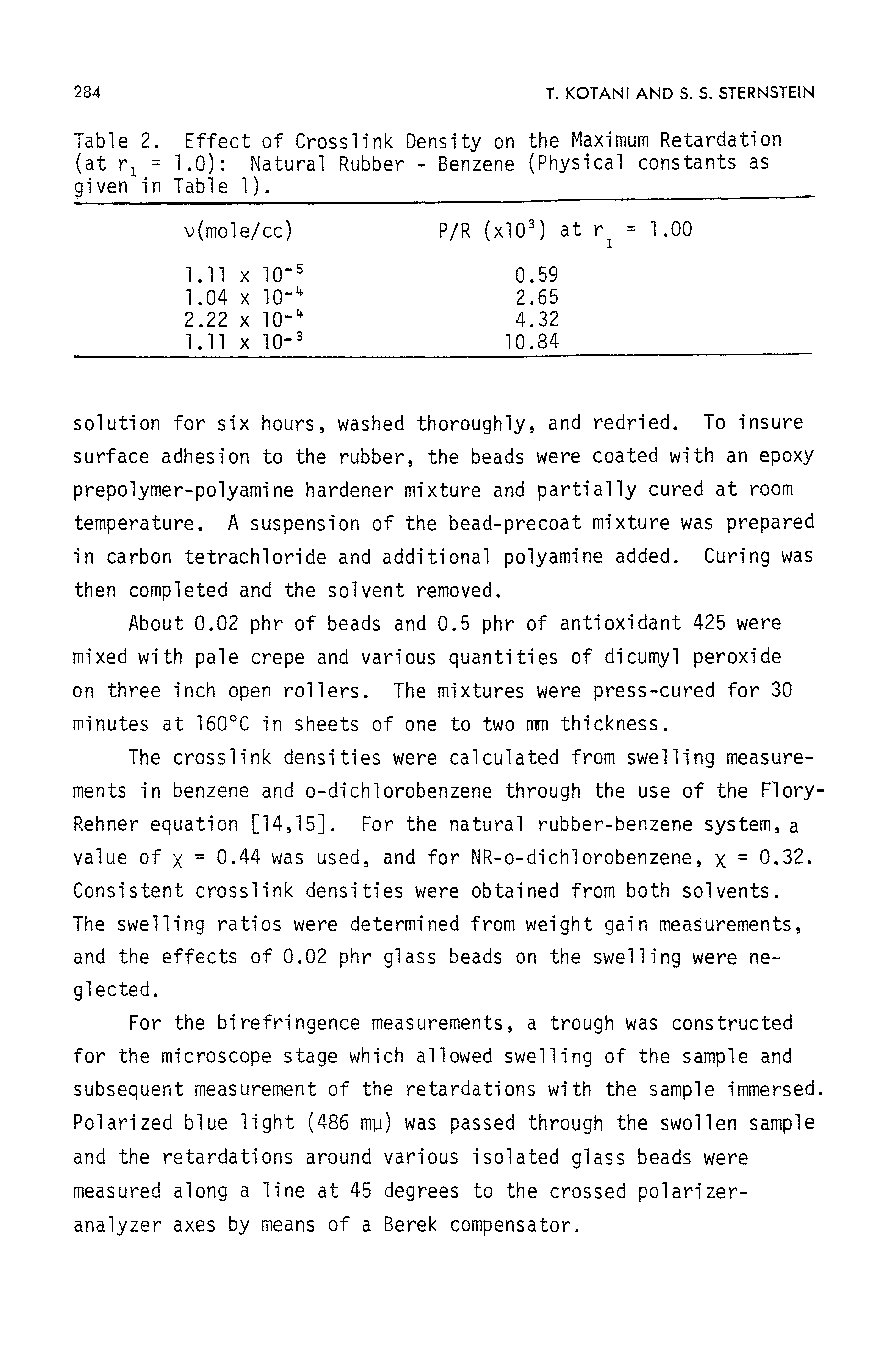 Table 2. Effect of Crosslink Density on the Maximum Retardation (at r = 1.0) Natural Rubber - Benzene (Physical constants as given in Table 1). ...