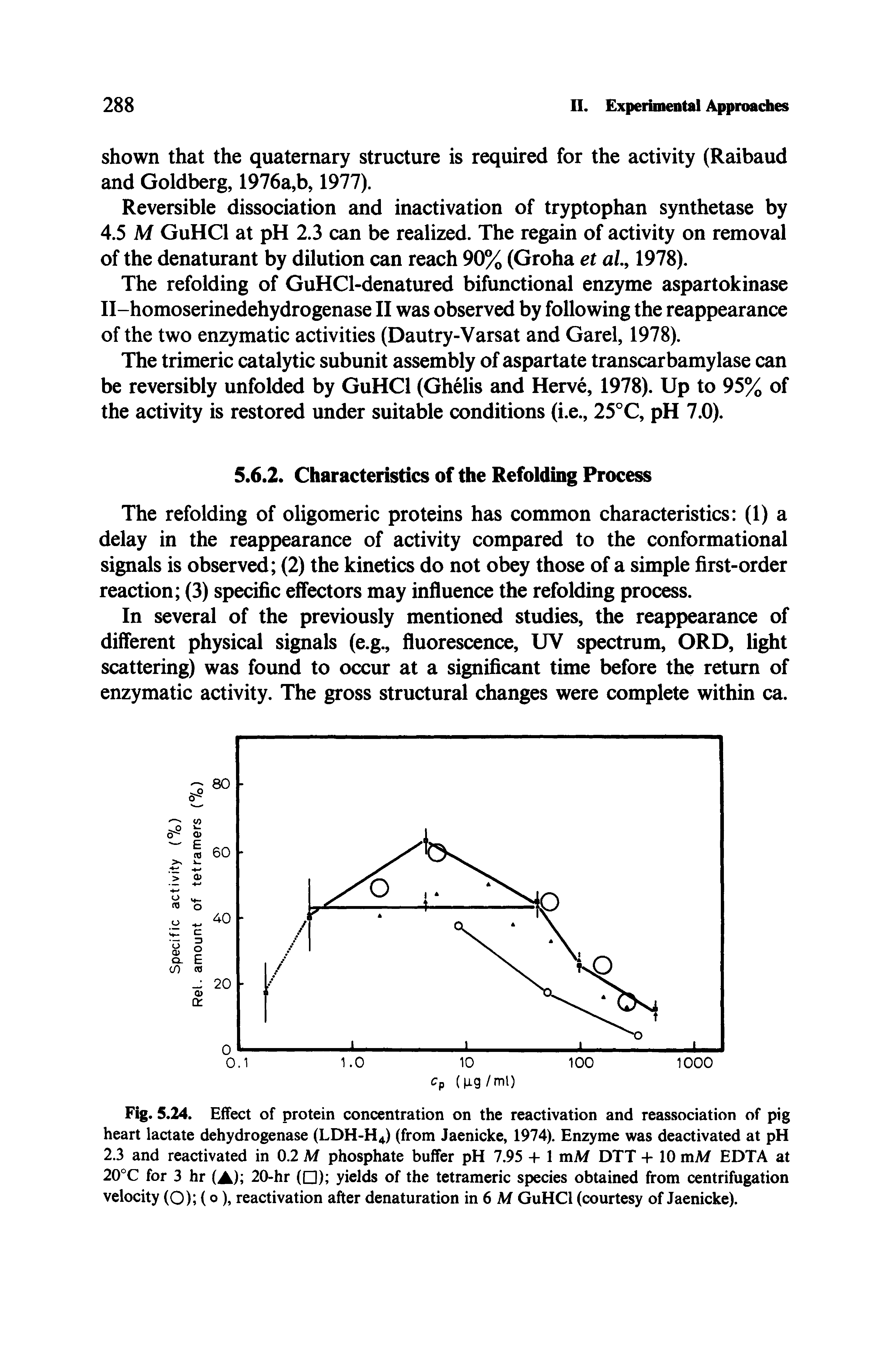 Fig. 5.24. Effect of protein concentration on the reactivation and reassociation of pig heart lactate dehydrogenase (LDH-H4) (from Jaenicke, 1974). Enzyme was deactivated at pH 2.3 and reactivated in 0.2 M phosphate buffer pH 7.95 + 1 mM DTT +10 mM EDTA at 20°C for 3 hr (A) 20-hr ( ) yields of the tetrameric species obtained from centrifugation velocity (O) (o), reactivation after denaturation in 6 M GuHCl (courtesy of Jaenicke).