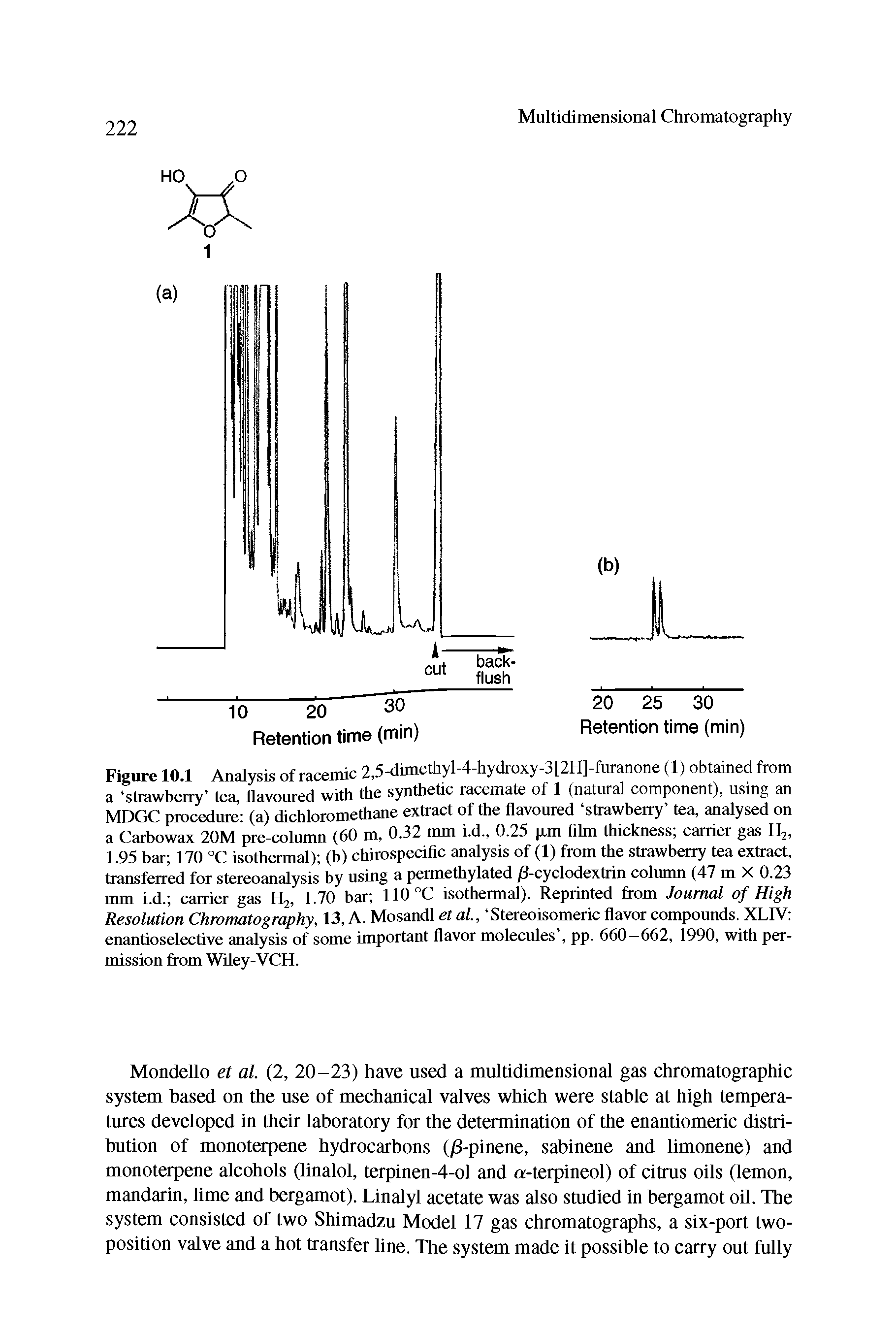 Figure 10.1 Analysis of racemic 2,5-dimethyl-4-hydroxy-3[2H]-furanone (1) obtained from a strawberry tea, flavoured with the synthetic racemate of 1 (natural component), using an MDGC procedure (a) dichloromethane extract of the flavoured strawberry tea, analysed on a Carbowax 20M pre-column (60 m, 0.32 mm i.d., 0.25 pan film thickness carrier gas H2, 1.95 bar 170 °C isothermal) (b) chirospecific analysis of (1) from the strawberry tea extract, transferred for stereoanalysis by using a permethylated /1-cyclodextrin column (47 m X 0.23 mm i.d. carrier gas H2, 1.70 bar 110°C isothermal). Reprinted from Journal of High Resolution Chromatography, 13, A. Mosandl et al., Stereoisomeric flavor compounds. XLIV enantioselective analysis of some important flavor molecules , pp. 660-662, 1990, with permission from Wiley-VCH.