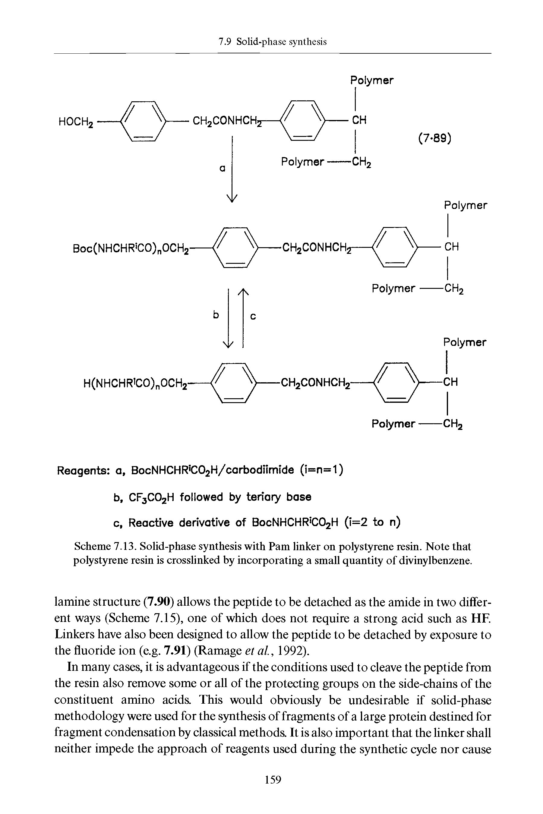 Scheme 7.13. Solid-phase synthesis with Pam linker on polystyrene resin. Note that polystyrene resin is crosslinked by incorporating a small quantity of divinylbenzene.