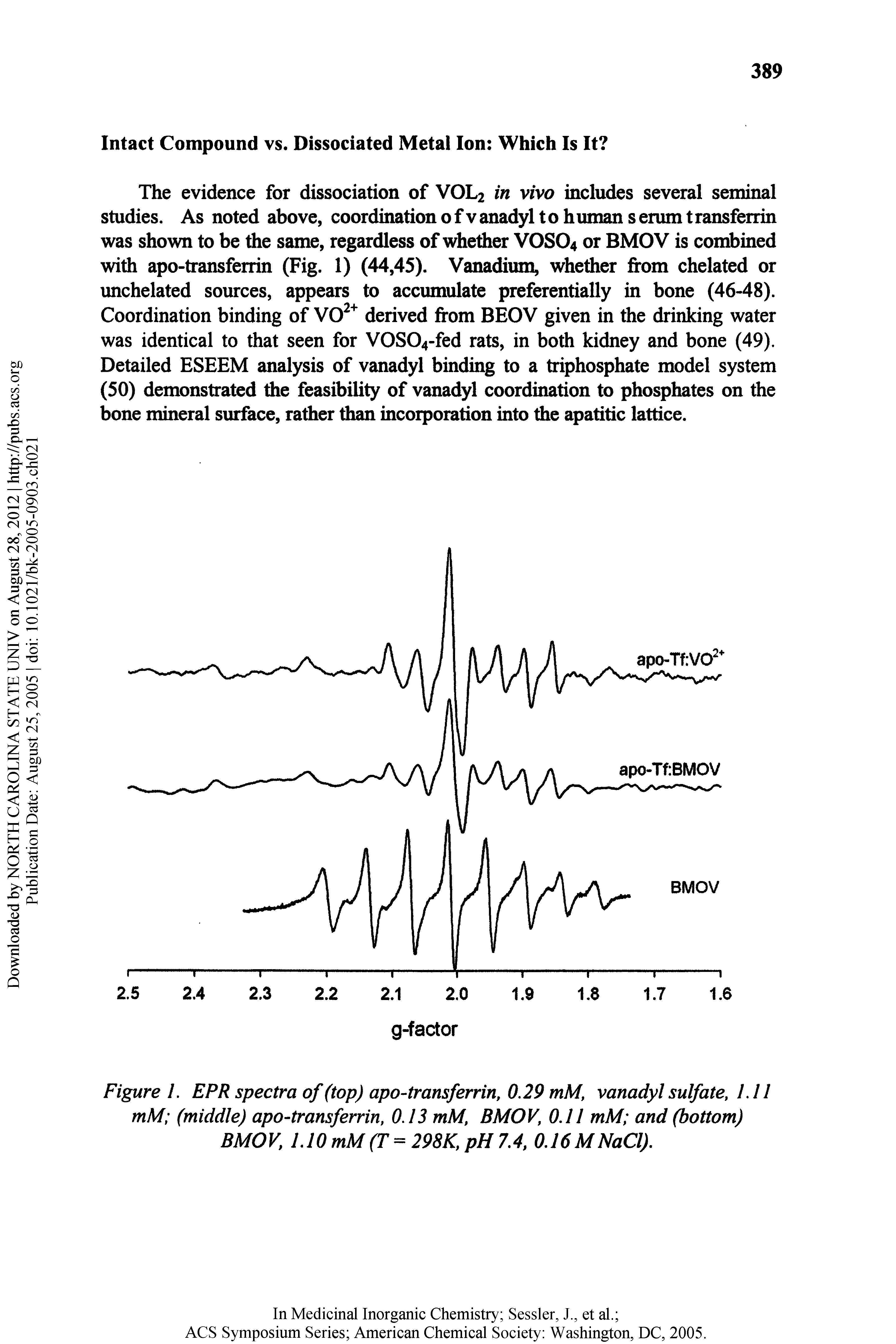 Figure /. EPR spectra of (top) apo-transferrin, 0.29 mM, vanadyl sulfate, 1.11 mM (middle) apo-transferrin, 0.13 mM, BMOV, 0.11 mM and (bottom) BMOV, L10mM(T==298K,pH7.4, 0.16MNaCl).