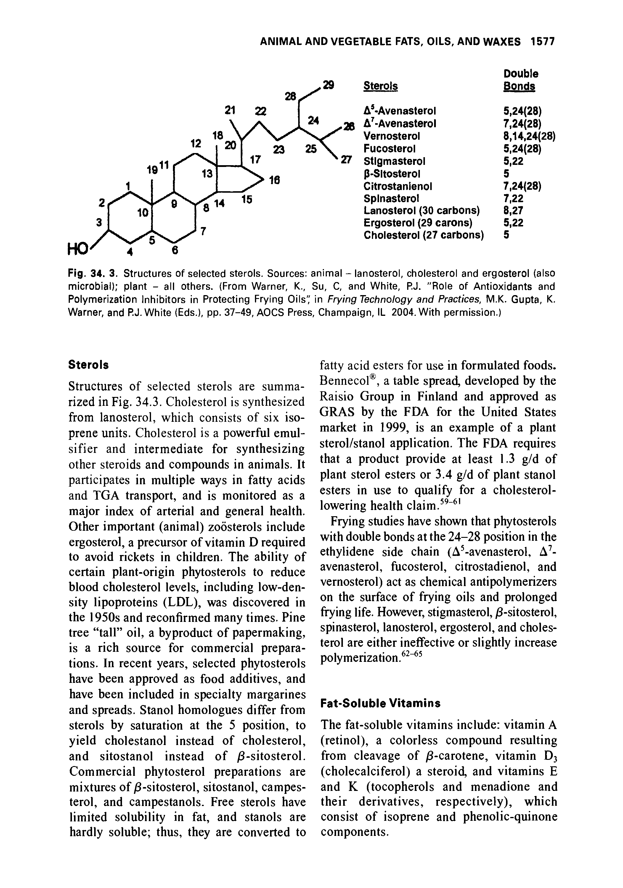 Fig. 34. 3. Structures of selected sterols. Sources animal - lanosterol, cholesterol and ergosterol (also microbial) plant - all others. (From Warner, K., Su, C, and White, P.J. "Role of Antioxidants and Polymerization Inhibitors in Protecting Frying Oils" in Frying Technology and Practices, M.K. Gupta, K. Warner, and P.J. White (Eds.), pp. 37-49, AOCS Press, Champaign, IL 2004. With permission.)...