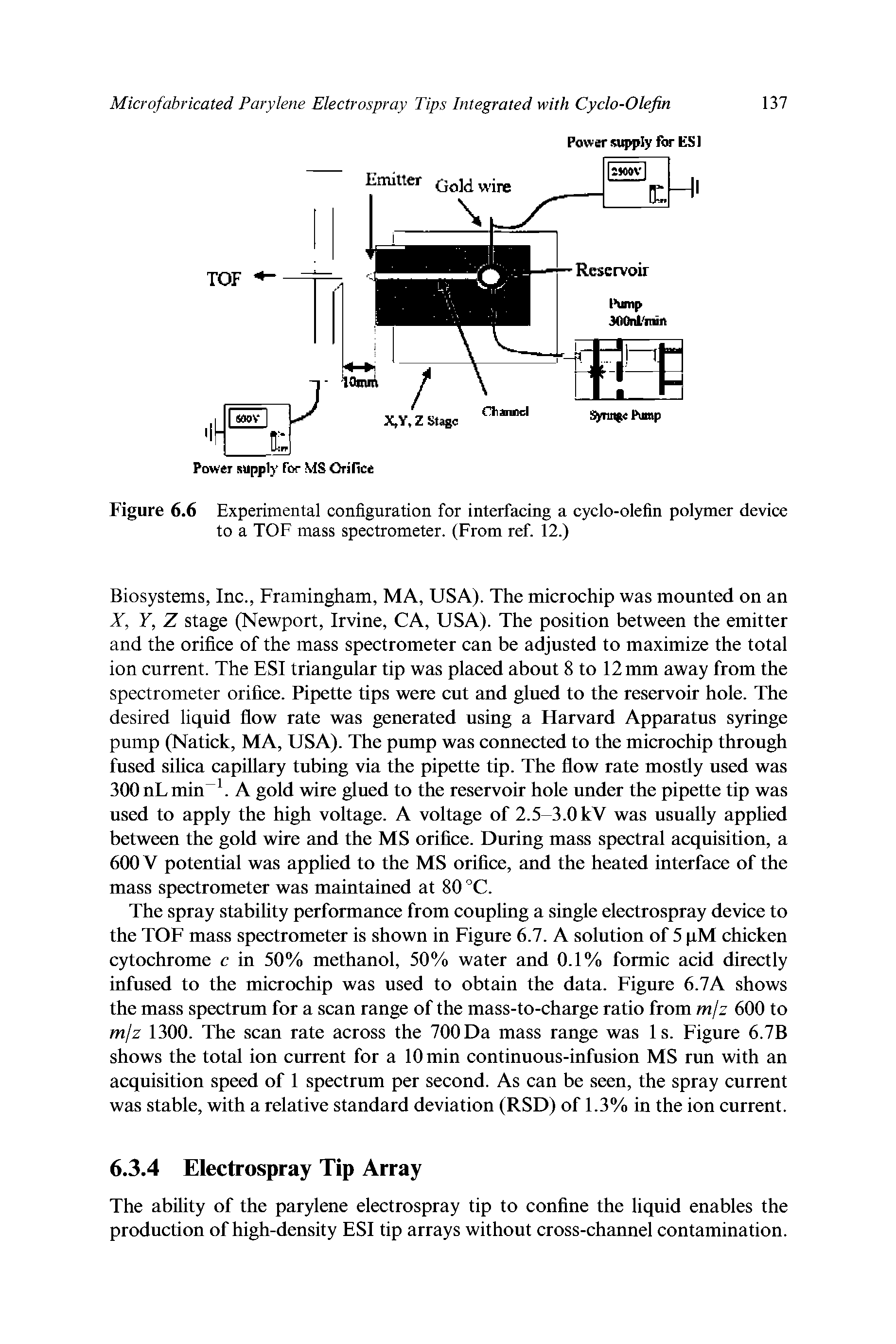 Figure 6.6 Experimental configuration for interfacing a cyclo-olefin polymer device to a TOF mass spectrometer. (From ref. 12.)...