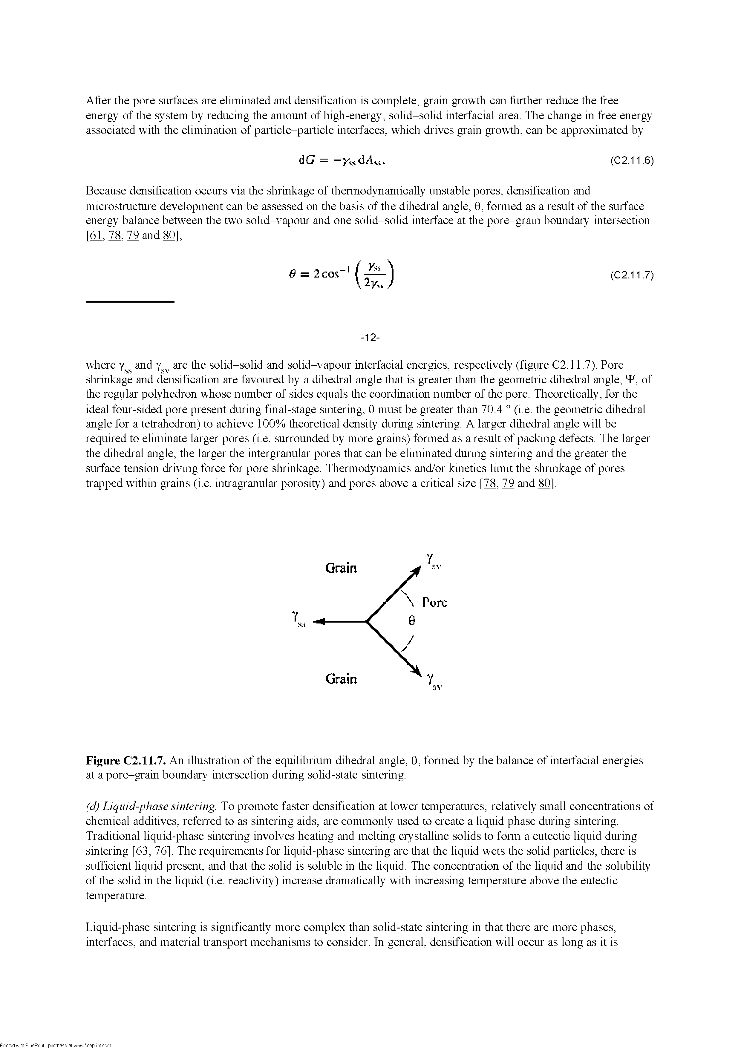 Figure C2.11.7. An illustration of tlie equilibrium dihedral angle, 0, fonned by tlie balance of interfacial energies at a pore-grain boundary intersection during solid-state sintering.