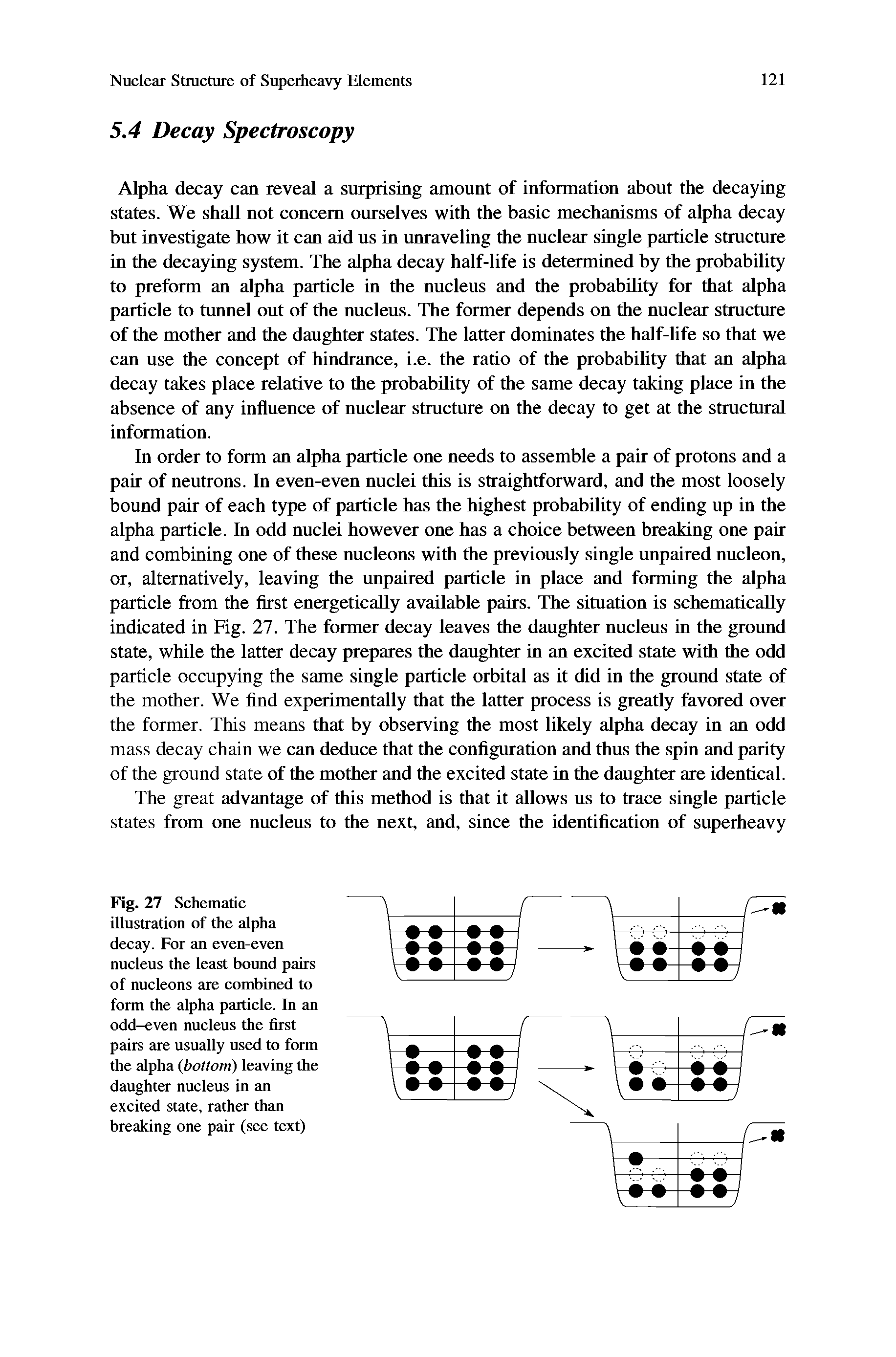 Fig. 27 Schematic illustration of the alpha decay. For an even-even nucleus the least bound pairs of nucleons are combined to form the alpha particle. In an odd-even nucleus the first pairs are usually used to form the alpha (bottom) leaving the daughter nucleus in an excited state, rather than breaking one pair (see text)...