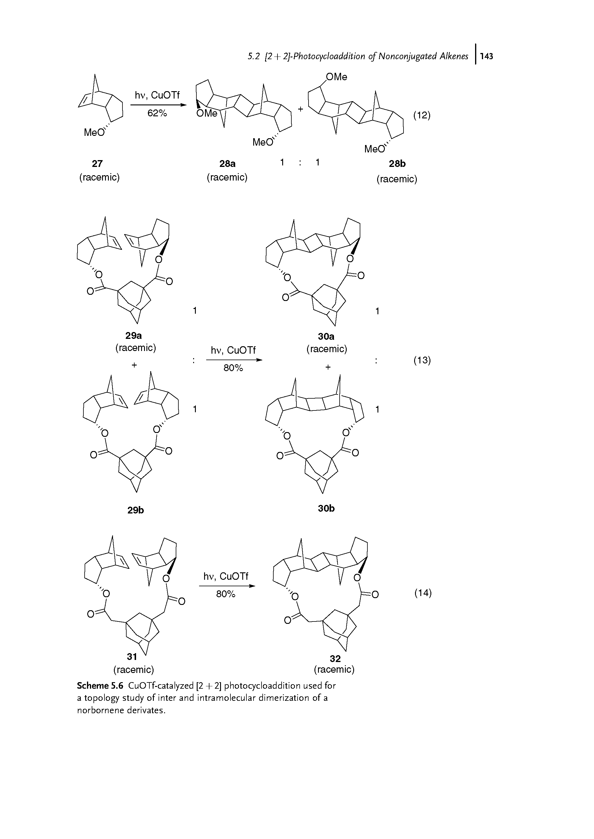 Scheme 5.6 CuOTf-catalyzed [2 + 2] photocycloaddition used for a topology study of inter and intramolecular dimerization of a norbornene derivates.