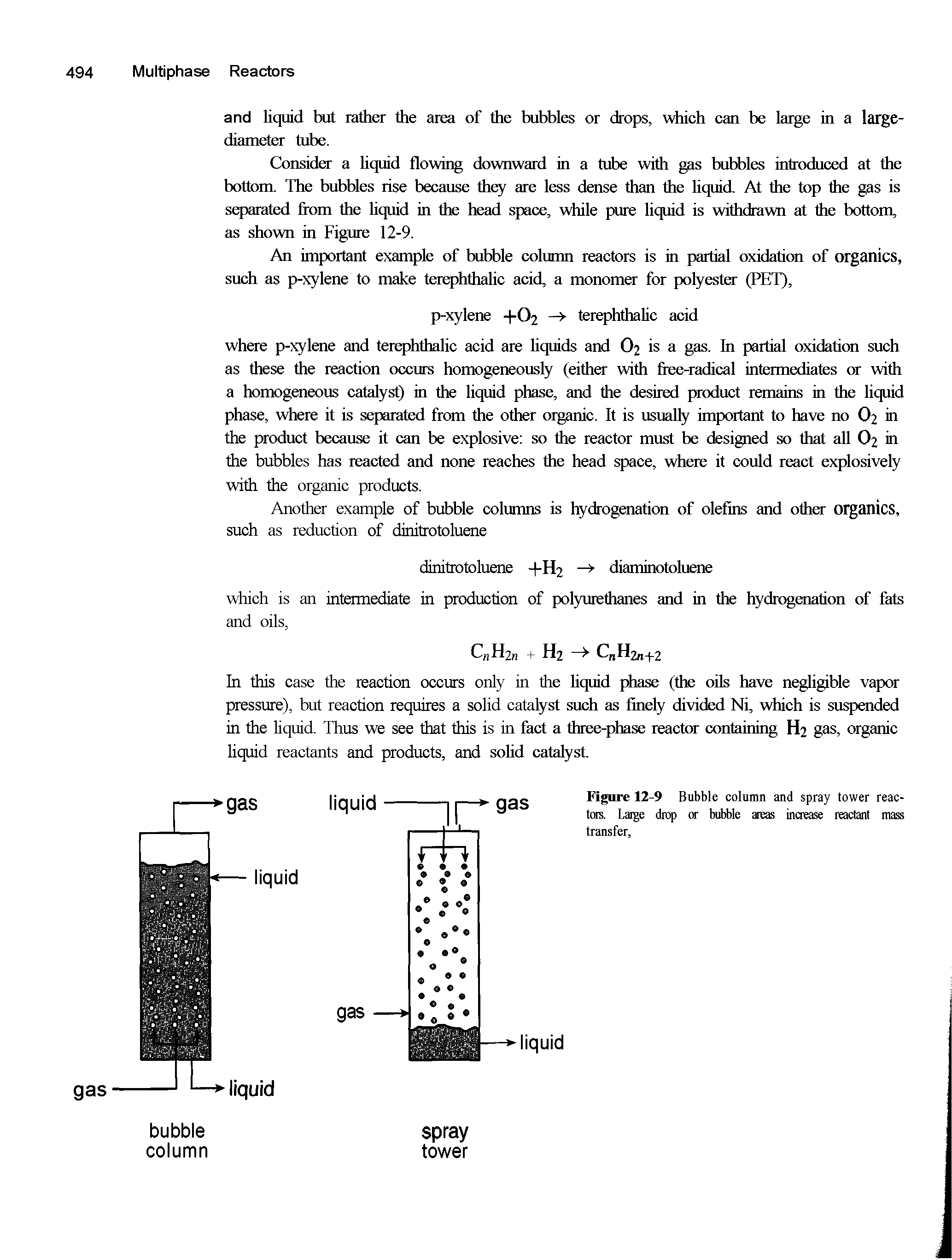Figure 12-9 Bubble column and spray tower reactors. Large drop or bubble areas increase reactant mass transfer,...