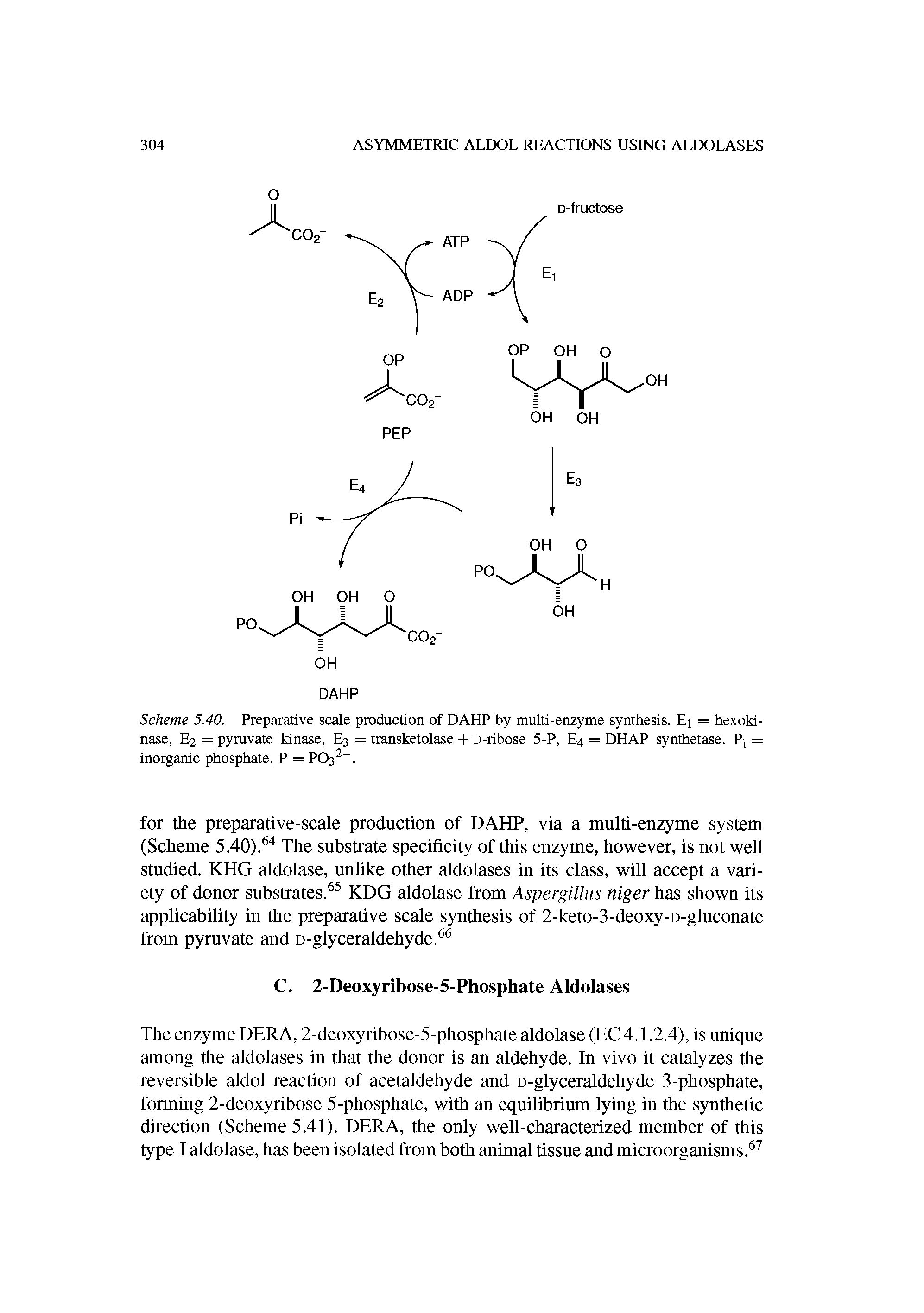 Scheme 5.40. Preparative scale production of DAHP by multi-enzyme synthesis. Ei = hexoki-nase, E2 = pyruvate kinase, E3 = transketolase + D-ribose 5-P, E4 = DHAP synthetase. P, = inorganic phosphate, P = PC>32. ...