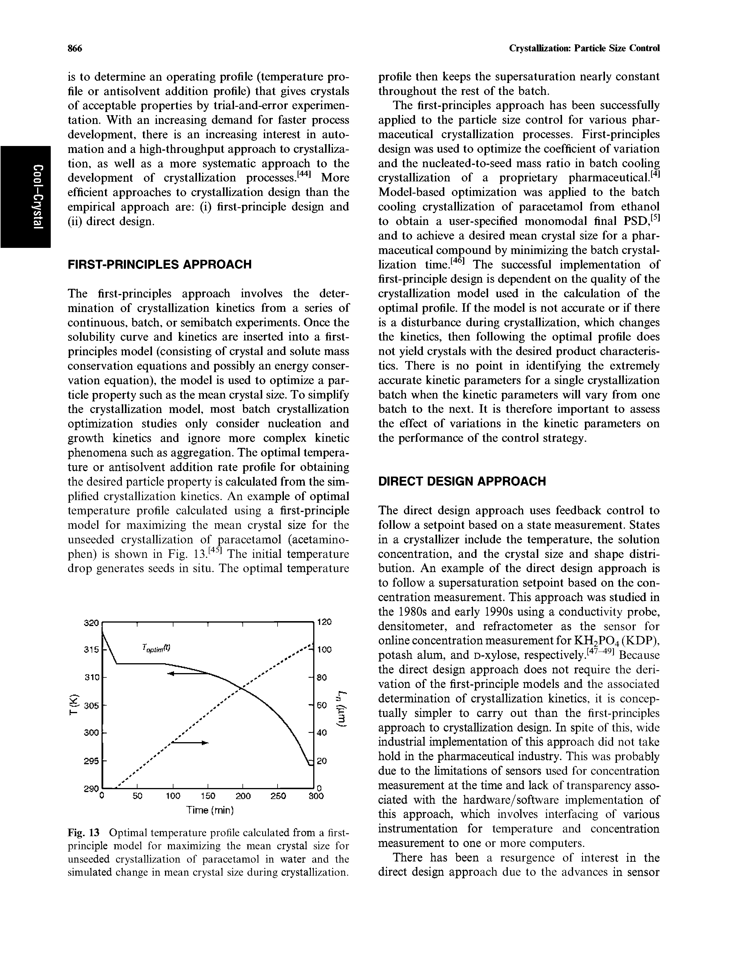 Fig. 13 Optimal temperature profile calculated from a first-principle model for maximizing the mean crystal size for unseeded crystallization of paracetamol in water and the simulated change in mean crystal size during crystallization.