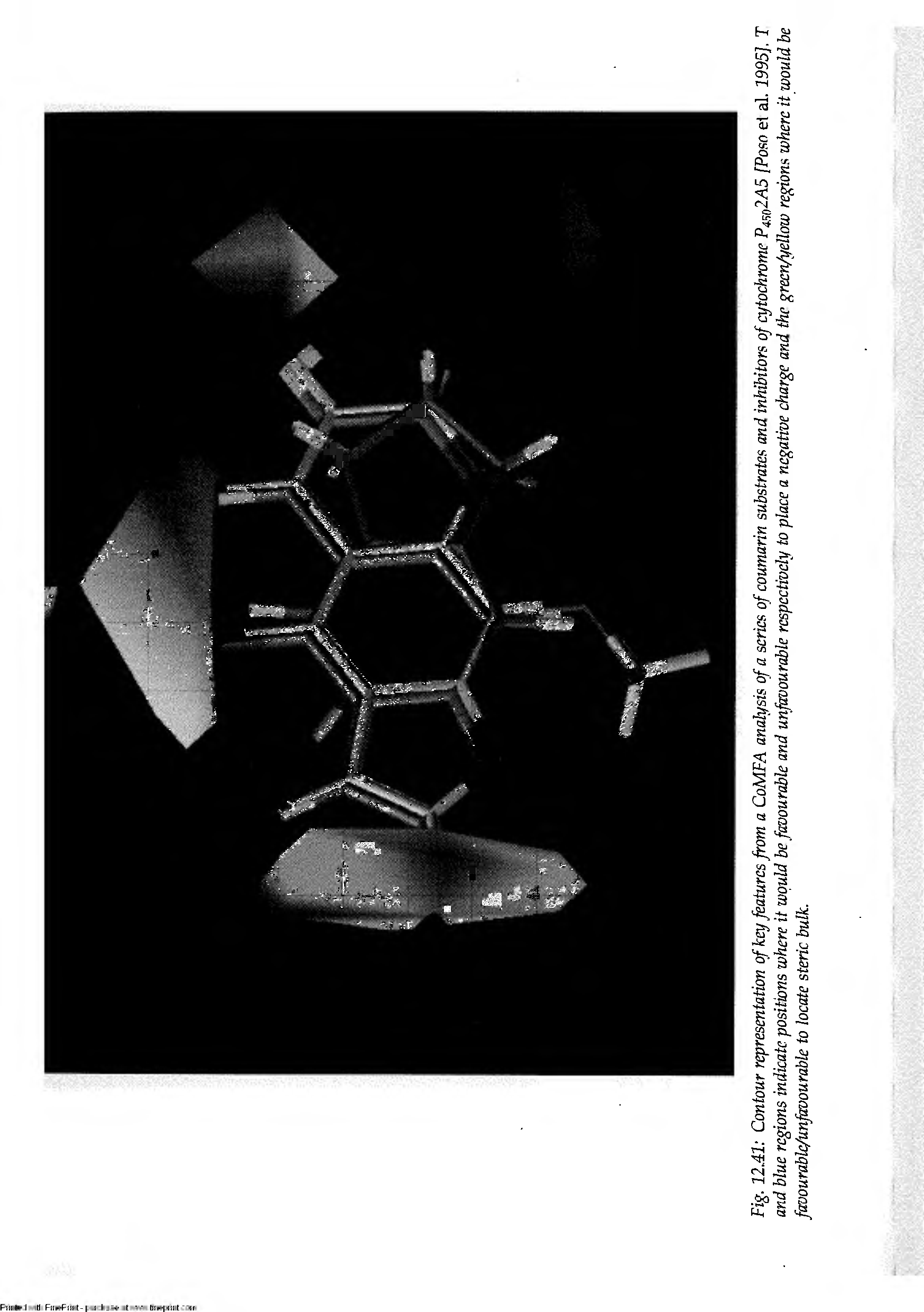 Fig. 12.41 Contour representation of key features from a CoMFA analysis of a scries ofcoumarin substrates and inhibitors ofq/tochrome fPosn el al. 1995], T...