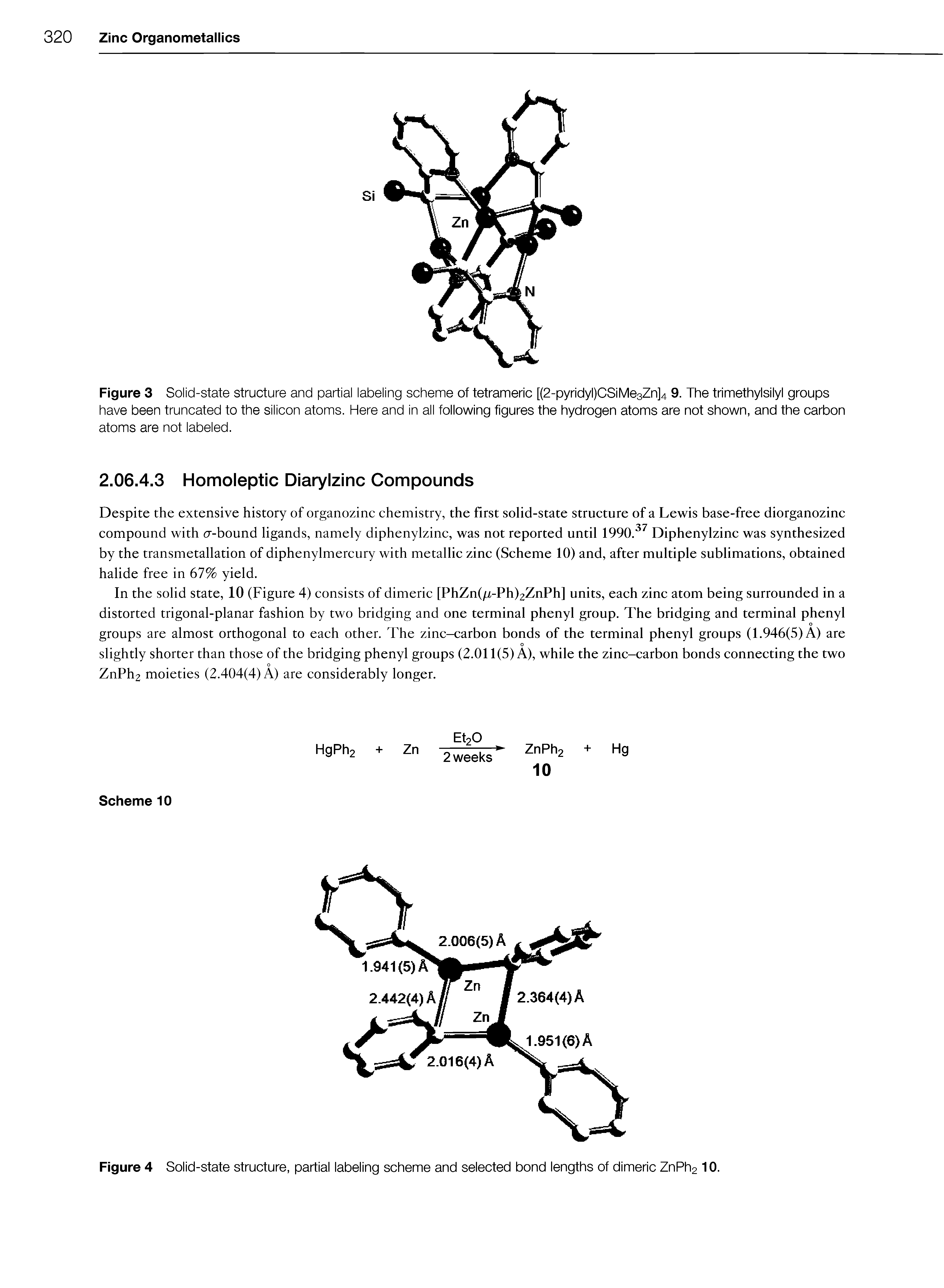 Figure 3 Solid-state structure and partial labeling scheme of tetrameric [(2-pyridyl)CSiMe3Zn]4 9. The trimethylsilyl groups have been truncated to the silicon atoms. Here and in all following figures the hydrogen atoms are not shown, and the carbon atoms are not labeled.