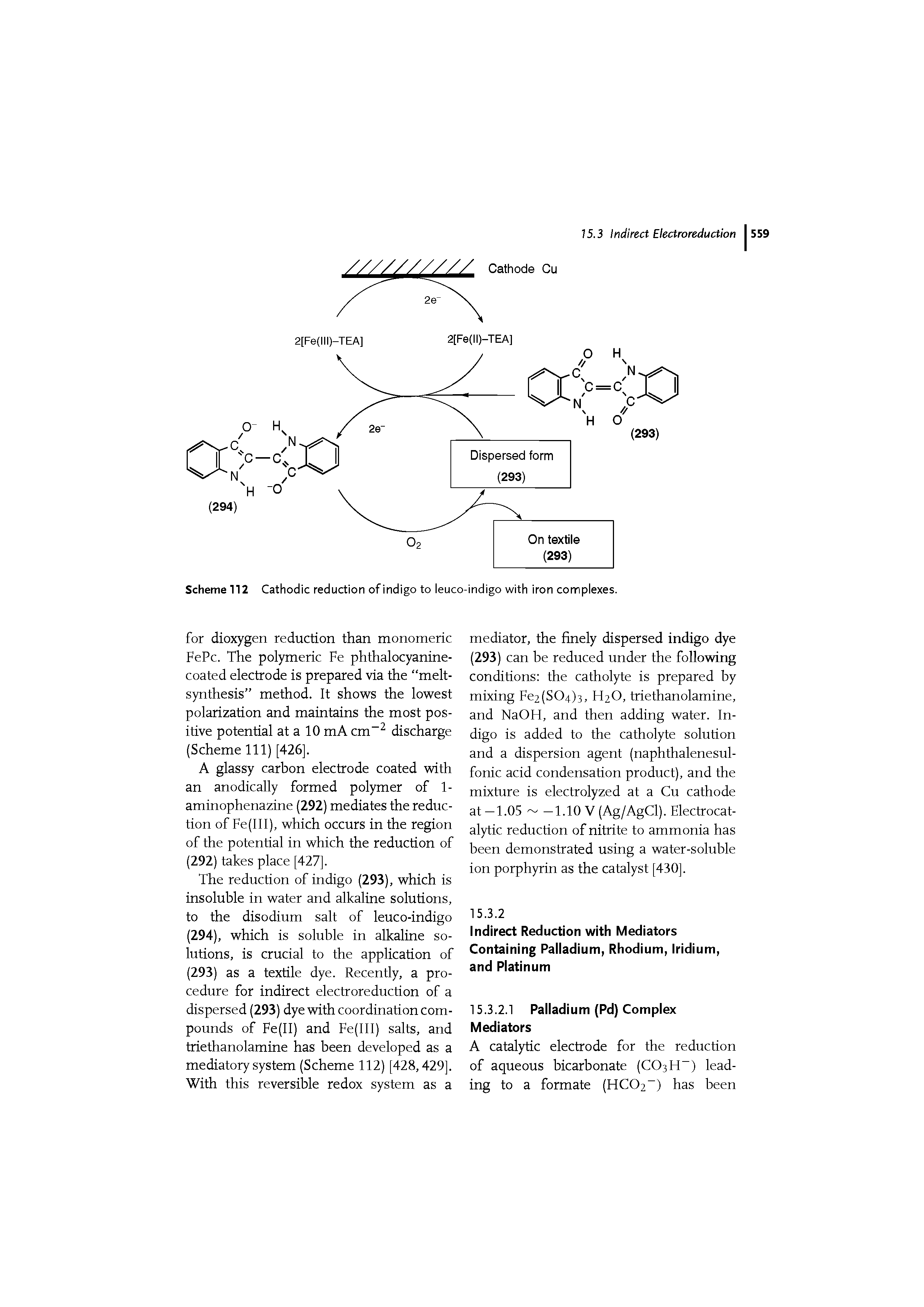 Scheme 112 Cathodic reduction of indigo to leuco-indigo with iron complexes.