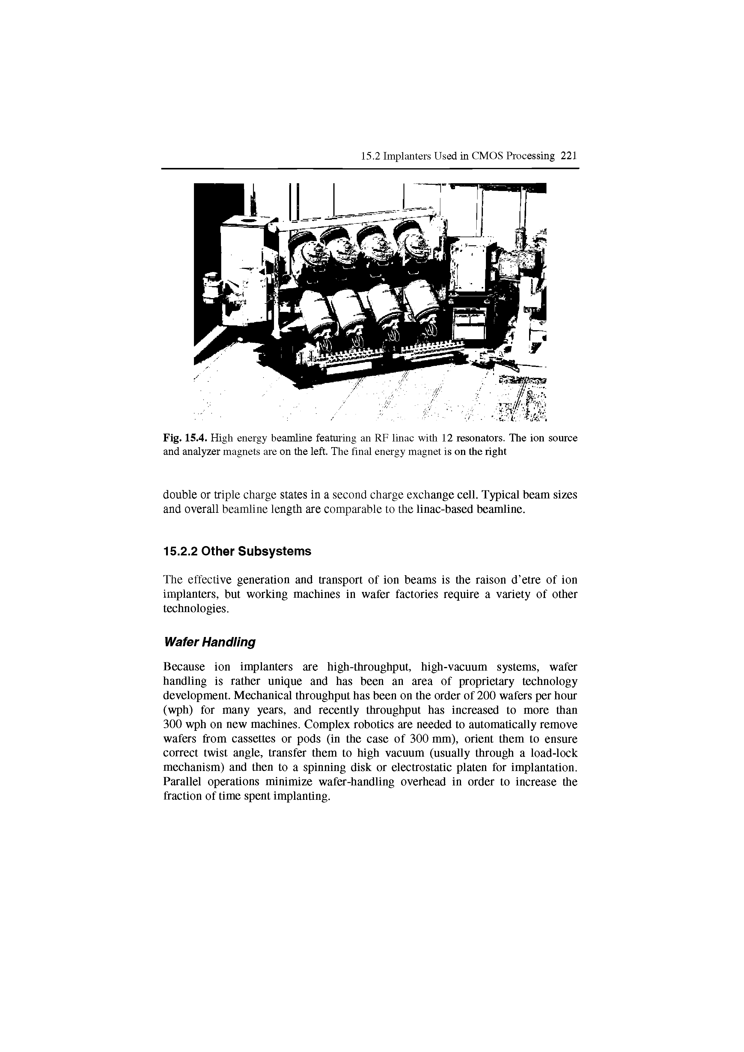 Fig. 15.4. High energy beamline featuring an RF linac with 12 resonators. The ion source and analyzer magnets are on the left. The final energy magnet is on the right...