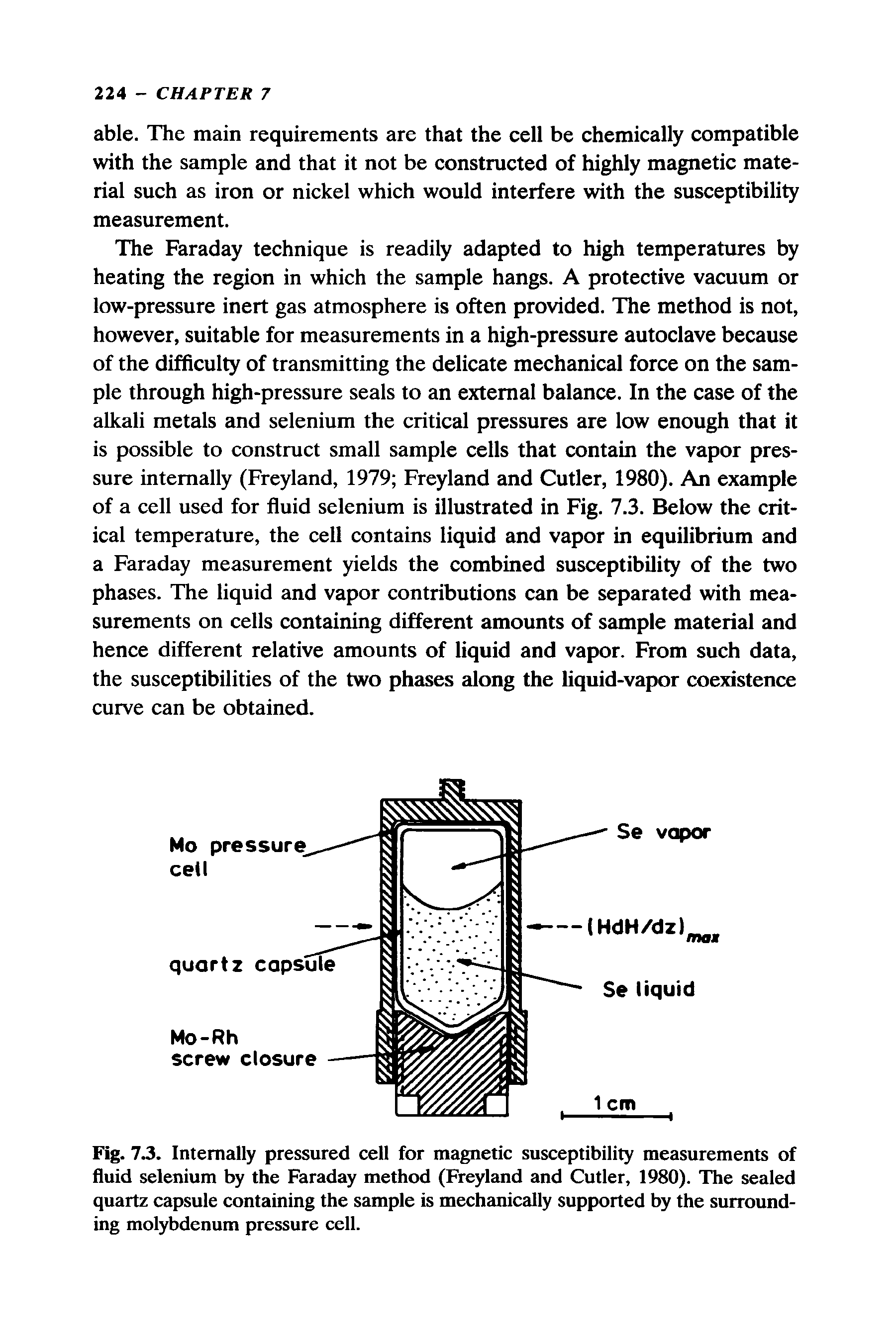 Fig. 7.3. Internally pressured cell for magnetic susceptibility measurements of fluid selenium by the Faraday method (Freyland and Cutler, 1980). The sealed quartz capsule containing the sample is mechanically supported by the surrounding molybdenum pressure cell.