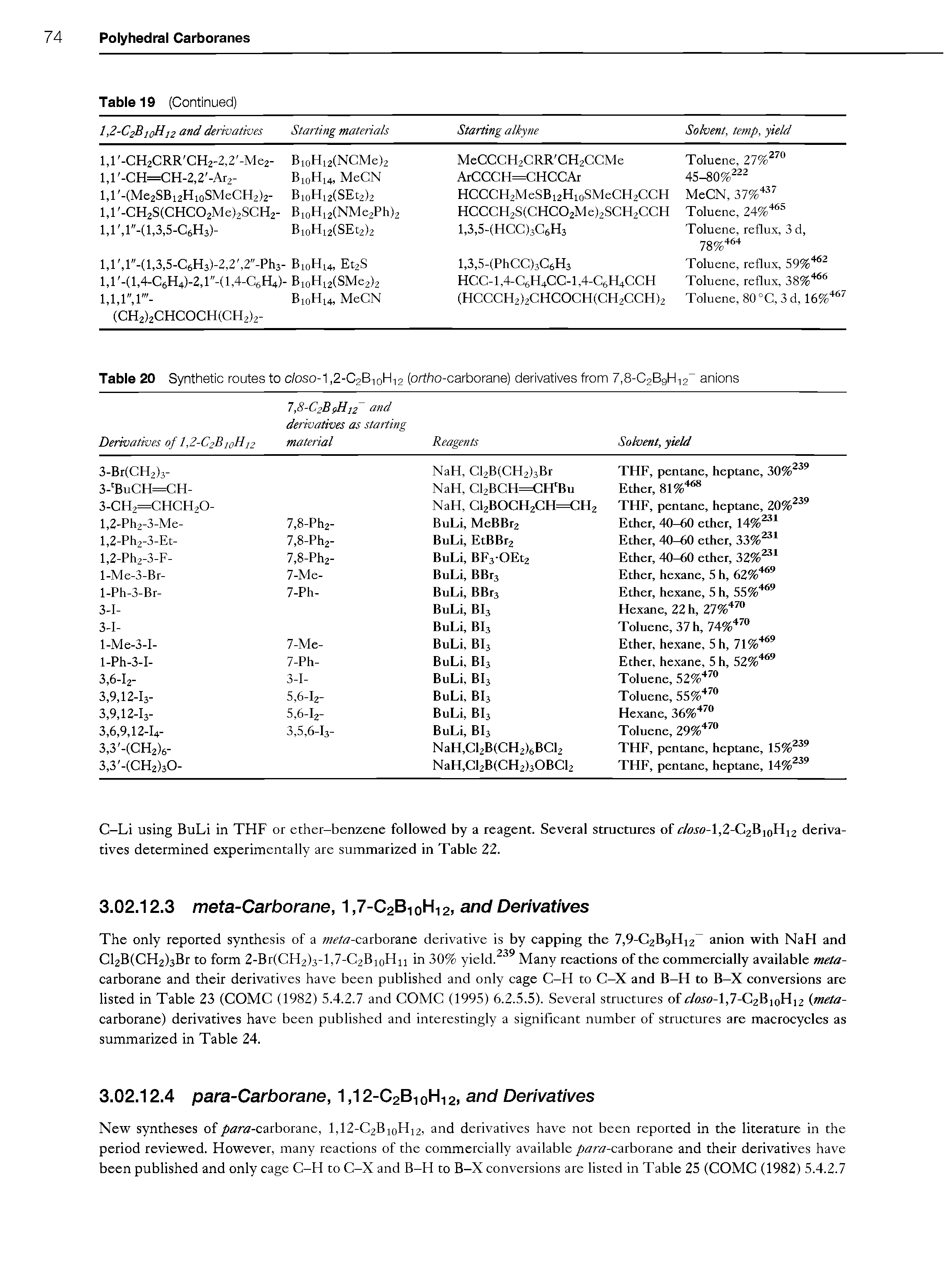 Table 20 Synthetic routes to closo-1,2-C2B10H12 (ortho-carborane) derivatives from 7,8-C2B9H12 anions...