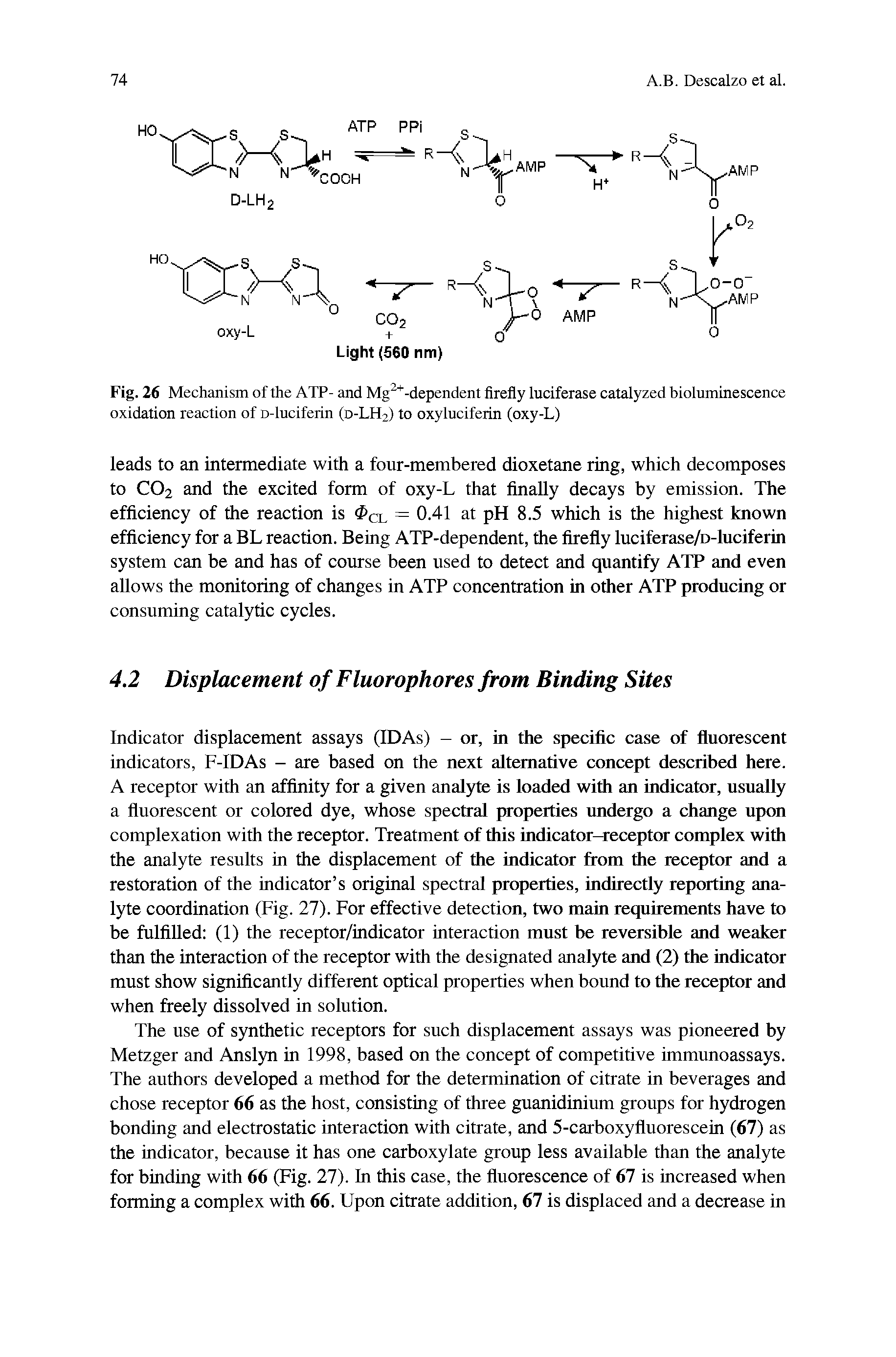 Fig. 26 Mechanism of the ATP- and Mg2+-dependent firefly luciferase catalyzed bioluminescence oxidation reaction of D-luciferin (d-LH2) to oxyluciferin (oxy-L)...