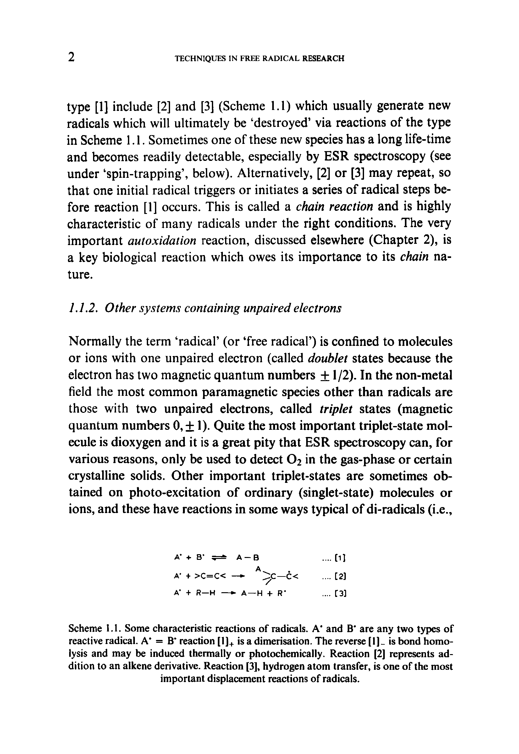 Scheme 1.1. Some characteristic reactions of radicals. A and B are any two types of reactive radical. A = B reaction [1]+ is a dimerisation. The reverse [ 1 ] is bond homolysis and may be induced thermally or photochemically. Reaction [2] represents addition to an alkene derivative. Reaction [3], hydrogen atom transfer, is one of the most important displacement reactions of radicals.