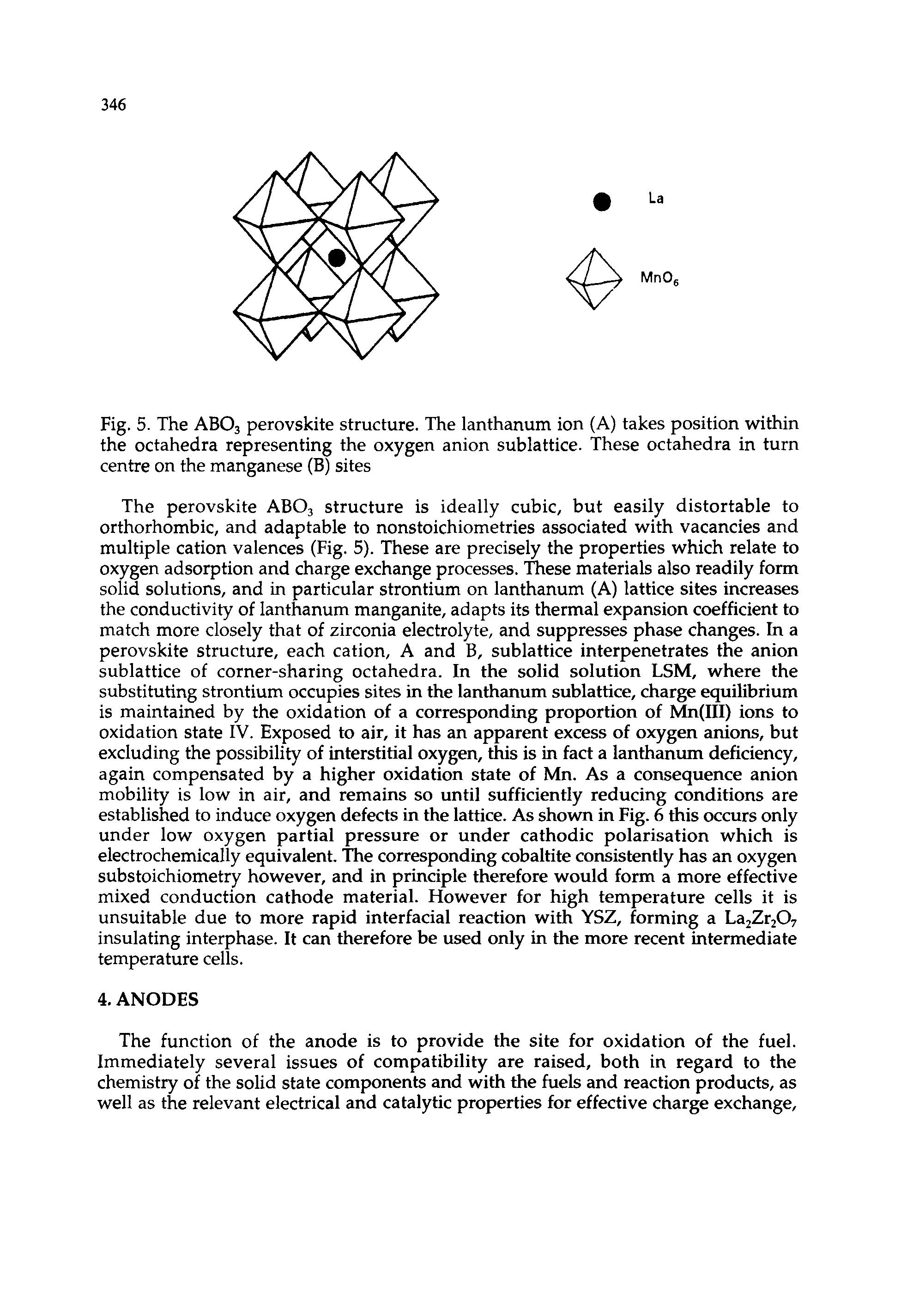 Fig. 5. The ABO3 perovskite structure. The lanthanum ion (A) takes position within the octahedra representing the oxygen anion sublattice. These octahedra in turn centre on the manganese (B) sites...