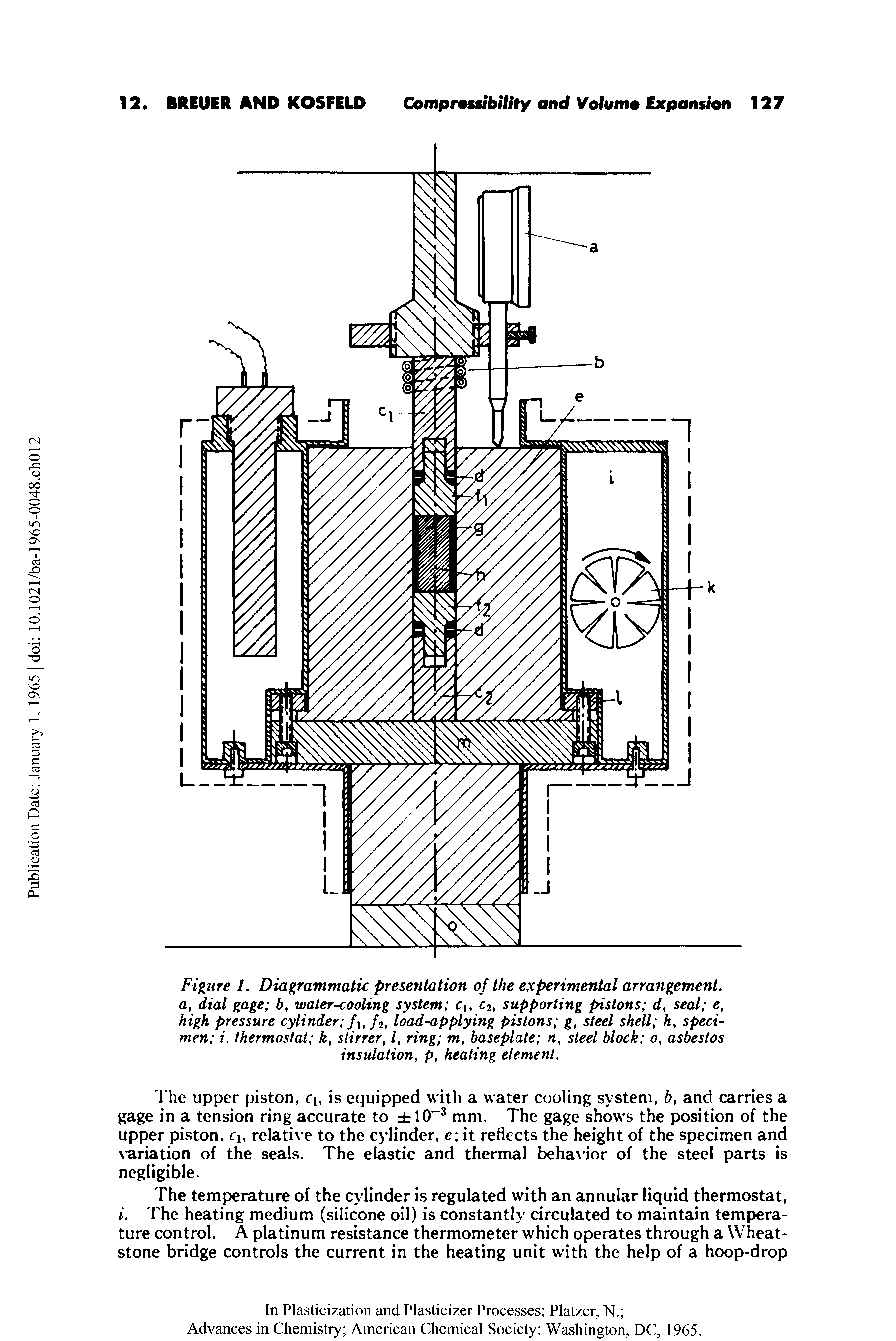 Figure 1. Diagrammatic presentation of the experimental arrangement, a, dial gage h, water-cooling system clt c2 supporting pistons d, seal e, high pressure cylinder /i,/2, load-applying pistons g, steel shell h, specimen i. thermostat k, stirrer, /, ring m, baseplate n, steel block o, asbestos insulation, p, heating element.