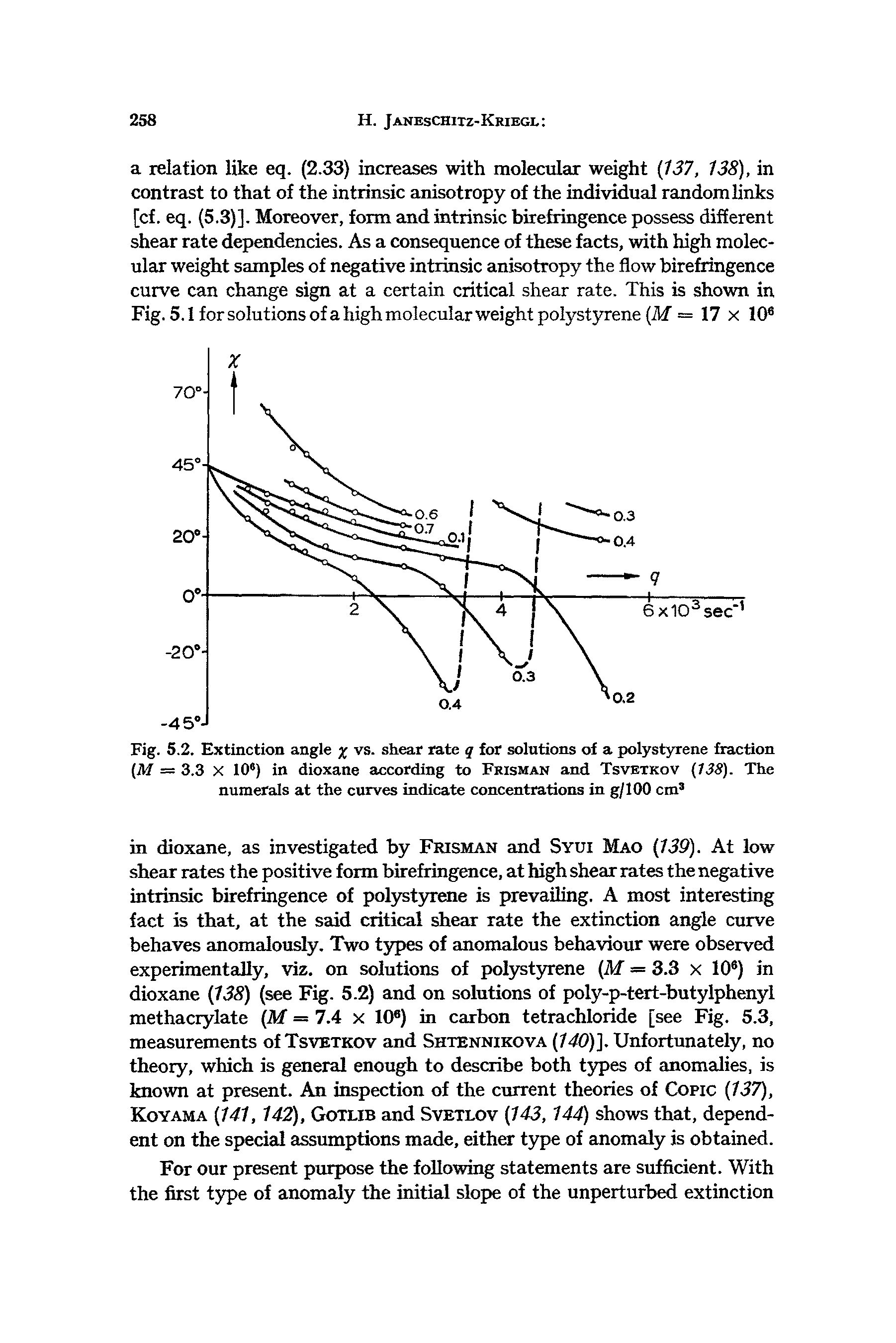 Fig. 5.2. Extinction angle x vs. shear rate q for solutions of a polystyrene fraction (M = 3.3 X 10°) in dioxane according to Frisman and Tsvetkov (138). The numerals at the curves indicate concentrations in g/100 cm3...