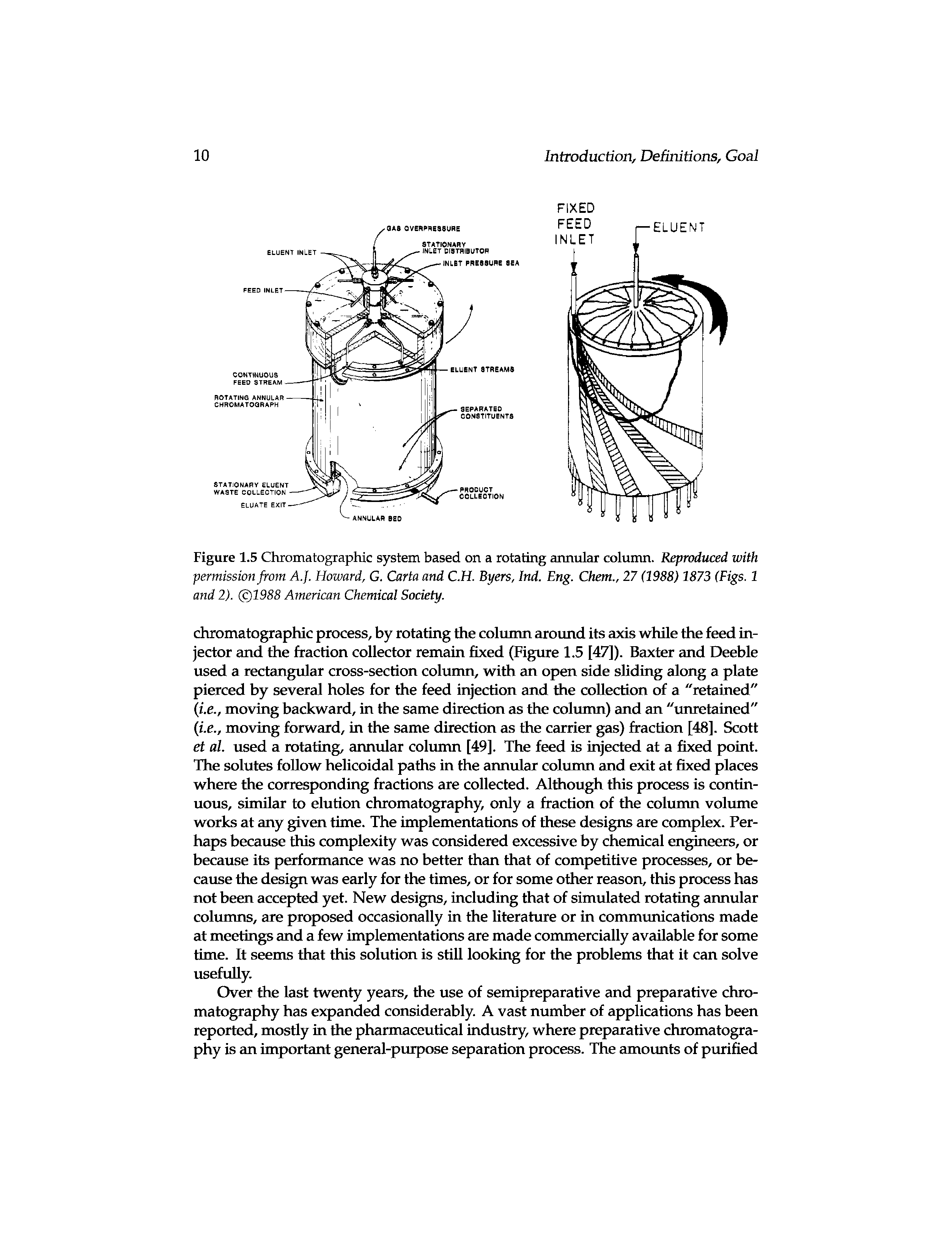 Figure 1.5 Chromatographic system based on a rotating annular column. Reproduced with permission from A.. Howard, G. Carta and C.H. Byers, Ind. Eng. Chem., 27 (1988) 1873 (Figs. 1 and 1). (c)1988 American Chemical Society.