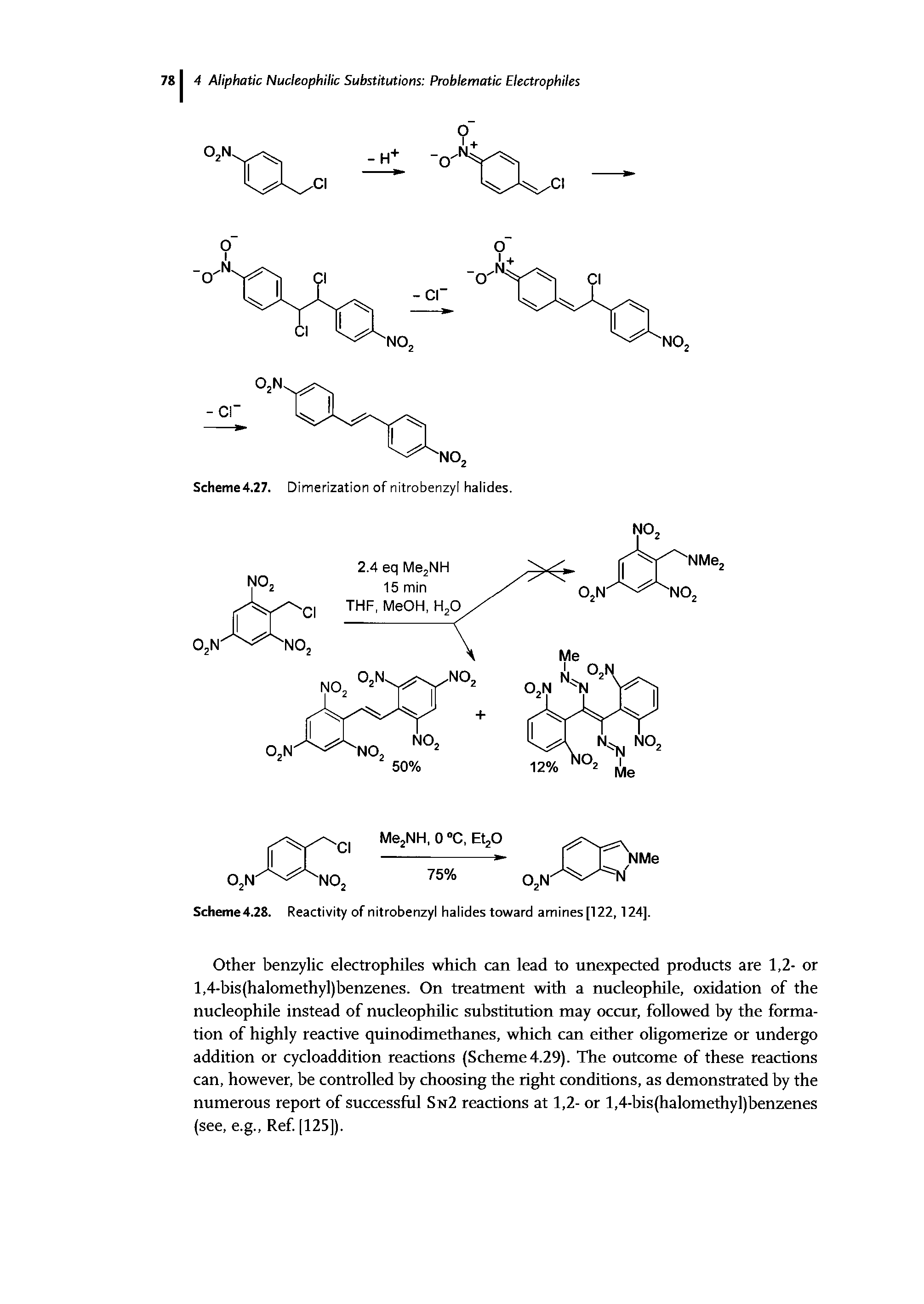 Scheme4.28. Reactivity of nitrobenzyl halides toward amines [122,124],...