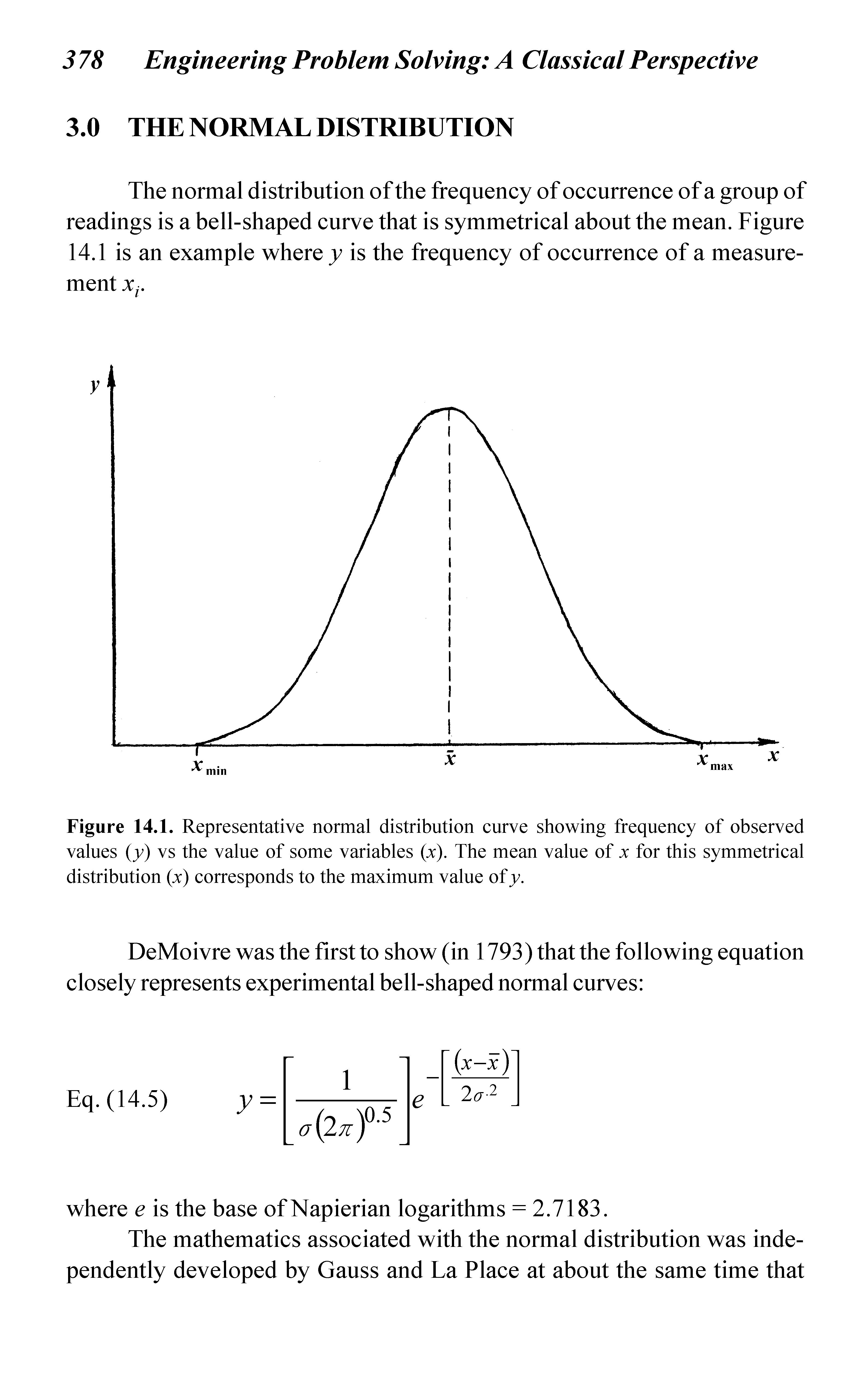 Figure 14.1. Representative normal distribution eurve showing frequeney of observed values (y) vs the value of some variables (v). The mean value of v for this symmetrieal distribution (v) eorresponds to the maximum value of y.