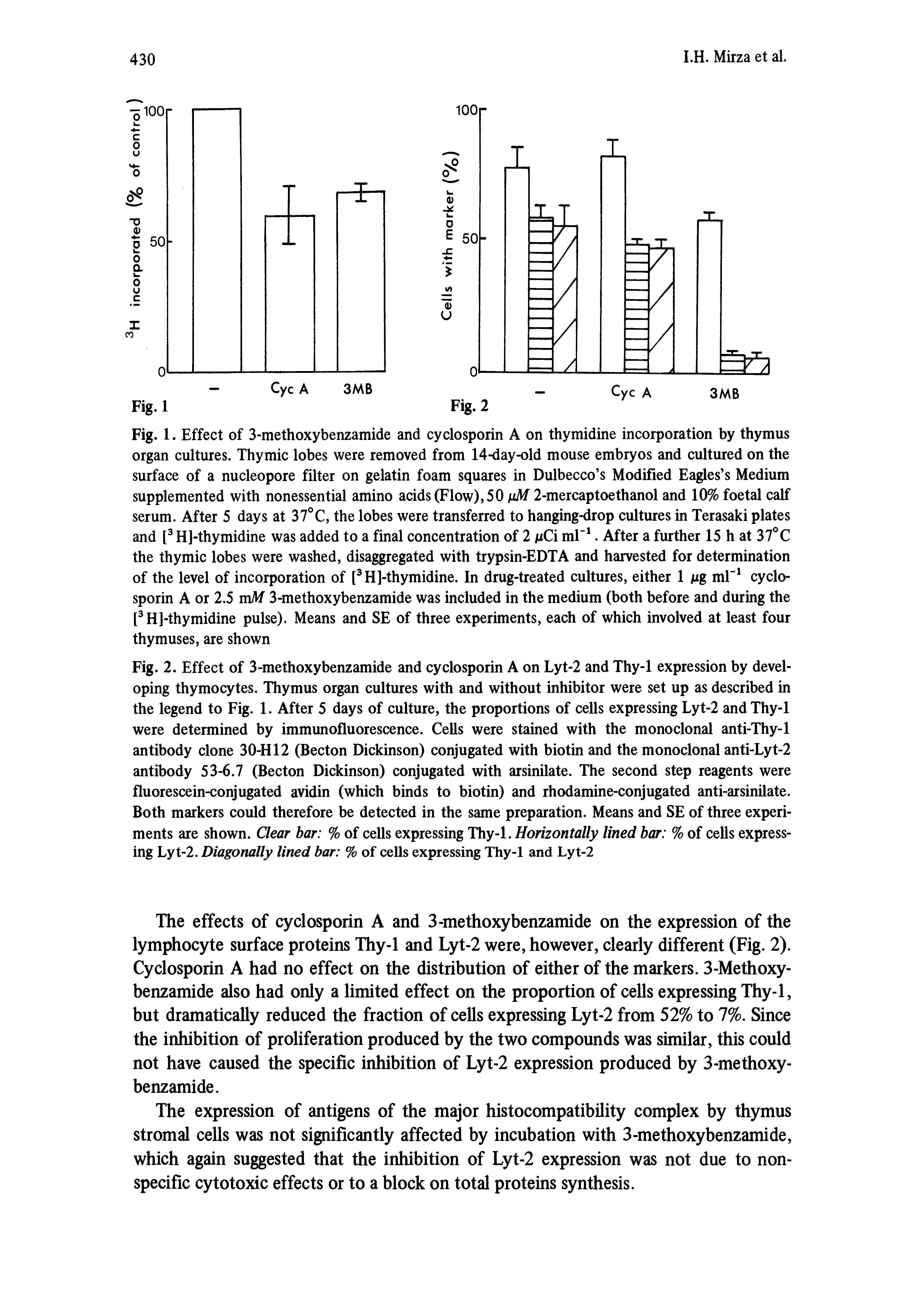 Fig. 1. Effect of 3-methoxybenzamide and cyclosporin A on thymidine incorporation by thymus organ cultures. Thymic lobes were removed from 14-day-old mouse embryos and cultured on the surface of a nucleopore filter on gelatin foam squares in Dulbecco s Modified Eagles s Medium supplemented with nonessential amino acids (Flow), 50 iM 2-mercaptoethanol and 10% foetal calf serum. After 5 days at 37°C, the lobes were transferred to hanging-drop cultures in Terasaki plates and H]-thymidine was added to a final concentration of 2 juCi ml. After a further 15 h at 37°C the thymic lobes were washed, disaggregated with trypsin-EDTA and harvested for determination of the level of incorporation of [ H]-thymidine. In drug-treated cultures, either 1 jug nil cyclosporin A or 2.5 mM 3-methoxybenzamide was included in the medium (both before and during the [ H]-thymidine pulse). Means and SE of three experiments, each of which involved at least four thymuses, are shown...
