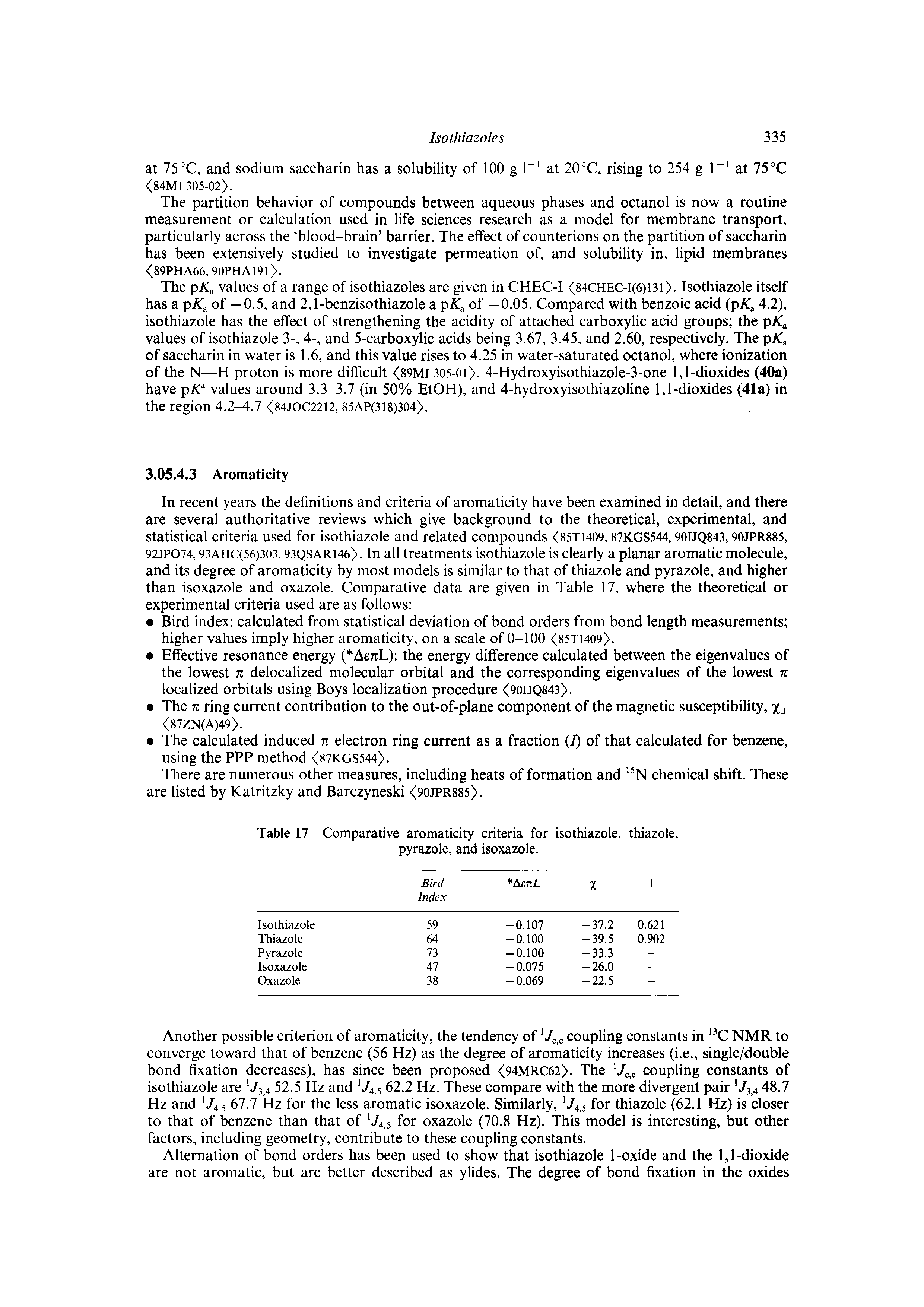 Table 17 Comparative aromaticity criteria for isothiazole, thiazole, pyrazole, and isoxazole.