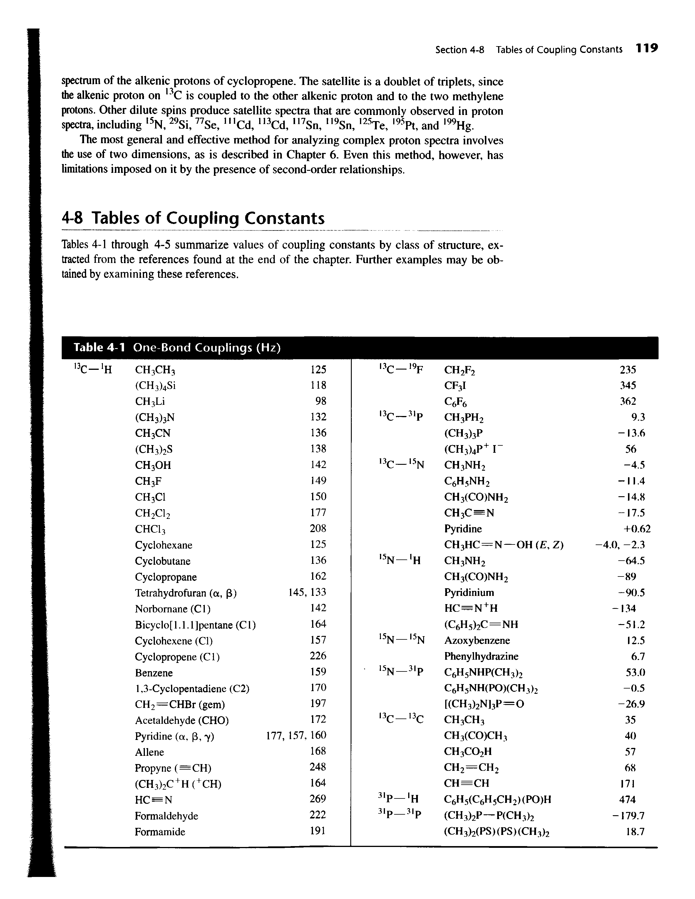 Tables 4-1 through 4-5 summarize values of coupling constants by class of structure, extracted from the references found at the end of the chapter. Further examples may be obtained by examining these references.