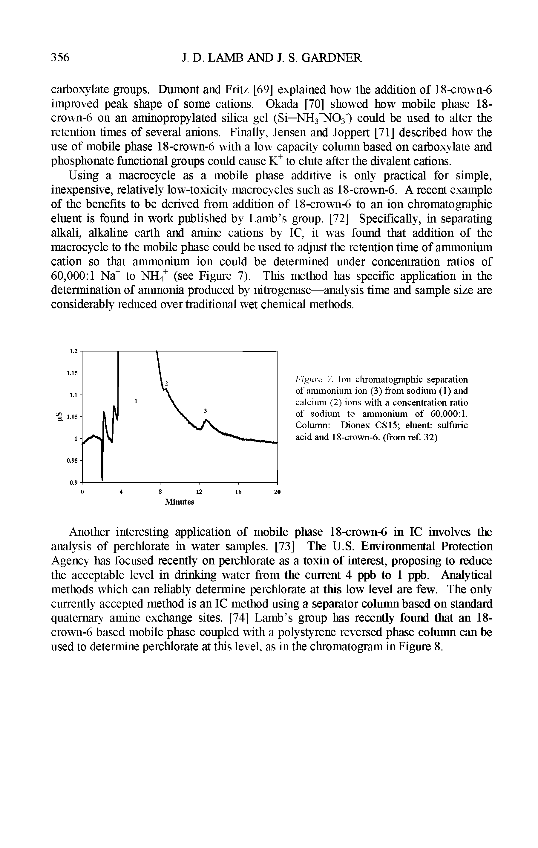 Figure 7. Ion chromatographic separation of ammonium ion (3) from sodium (1) and calcium (2) ions with a concentration ratio of sodium to ammonium of 60,000 1. Column Dionex CS15 eluent sulfuric acid and 18-crown-6. (from ref. 32)...