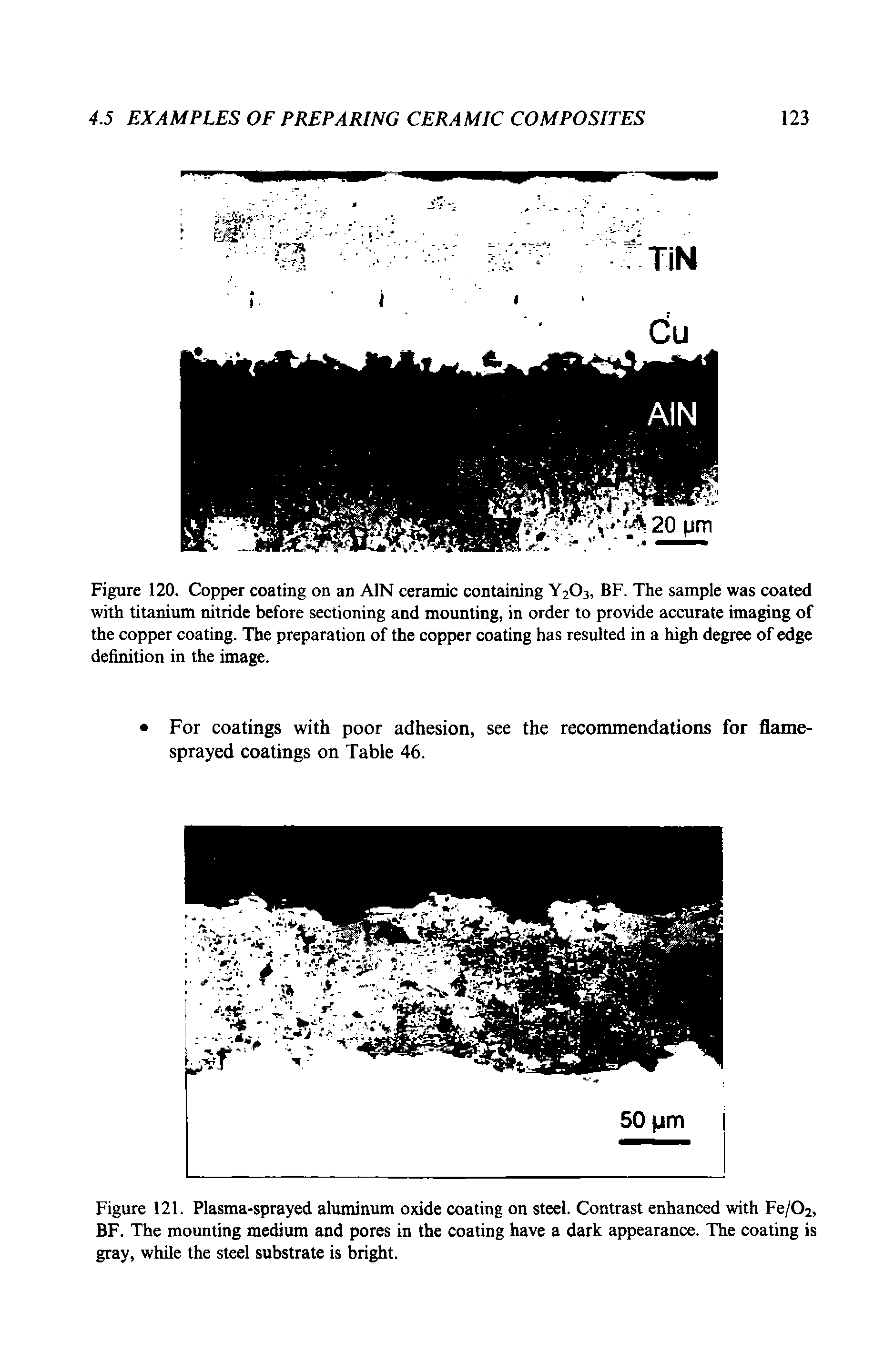 Figure 121. Plasma-sprayed aluminum oxide coating on steel. Contrast enhanced with Fe/Oj, BF. The mounting medium and pores in the coating have a dark appearance. The coating is gray, while the steel substrate is bright.