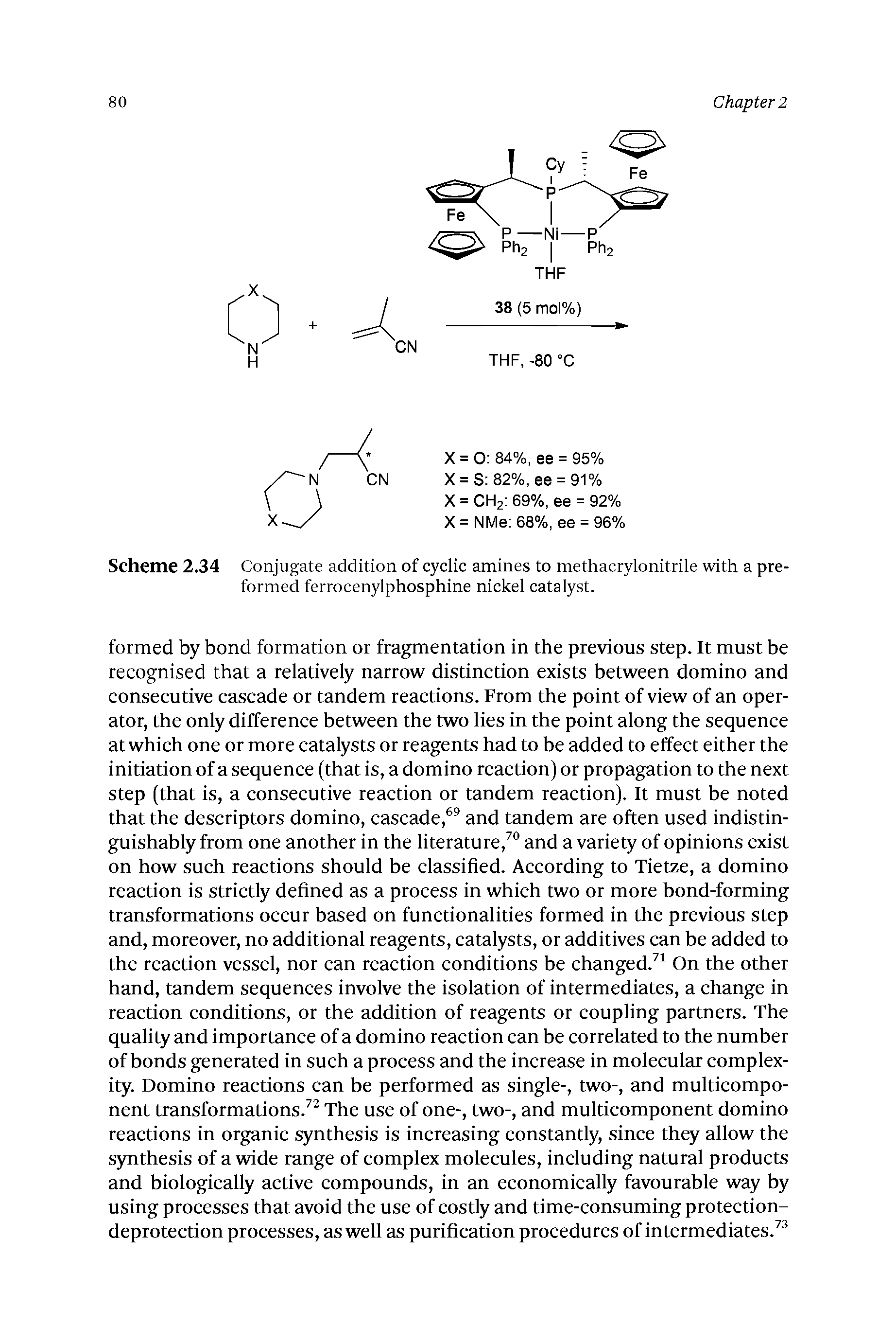 Scheme 2.34 Conjugate addition of cyclic amines to methacrylonitrile with a preformed ferrocenylphosphine nickel catalyst.