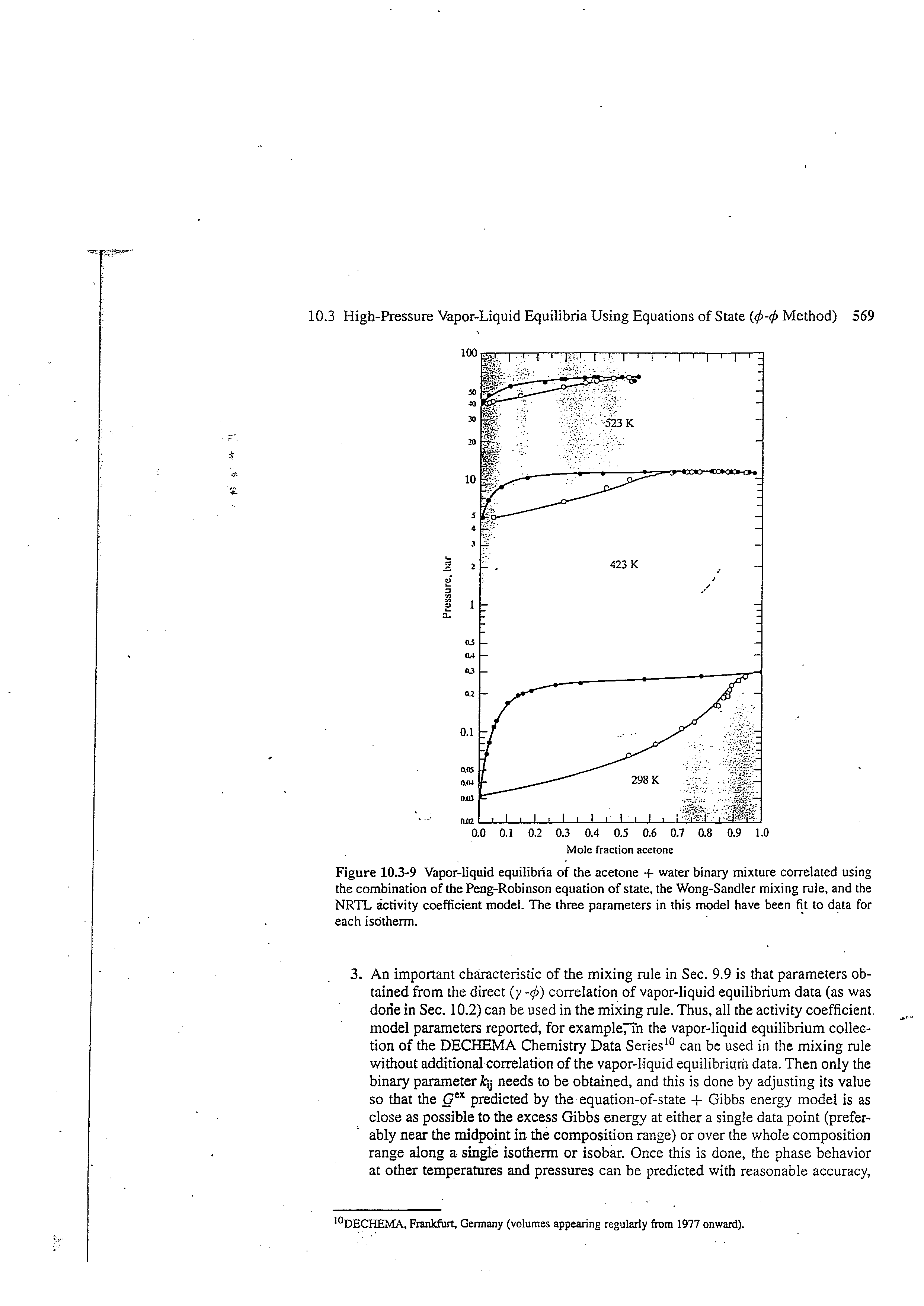 Figure 10.3-9 Vapor-liquid equilibria of the acetone -f water binary mixture correlated using the combination of the Peng-Robinson equation of state, the Wong-Sandler mixing rule, and the NRTL activity coefficient model. The three parameters in this model have been fit to data for each isotherm.