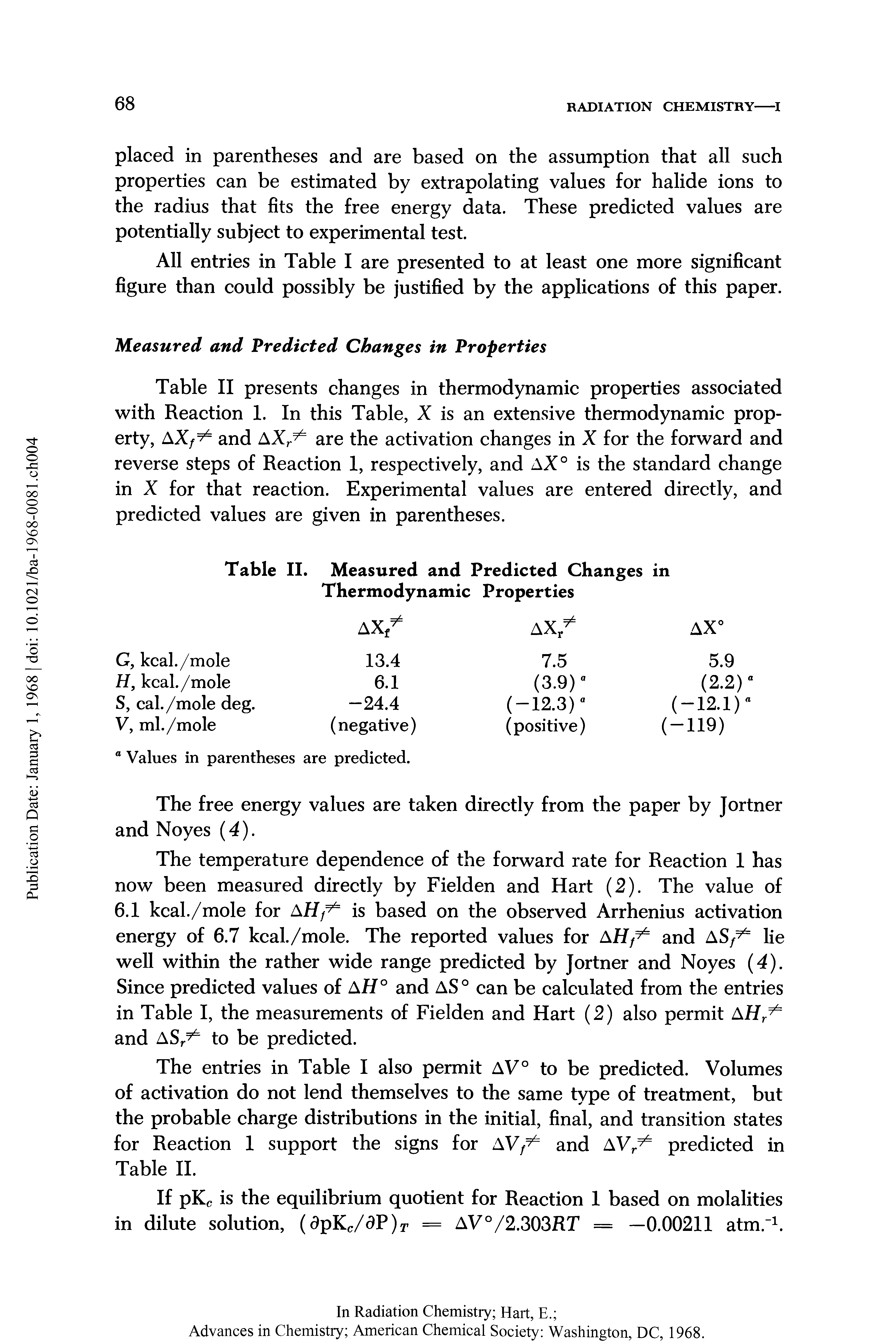 Table II presents changes in thermodynamic properties associated with Reaction 1. In this Table, X is an extensive thermodynamic property, AX/ and AXr are the activation changes in X for the forward and reverse steps of Reaction 1, respectively, and AX° is the standard change in X for that reaction. Experimental values are entered directly, and predicted values are given in parentheses.