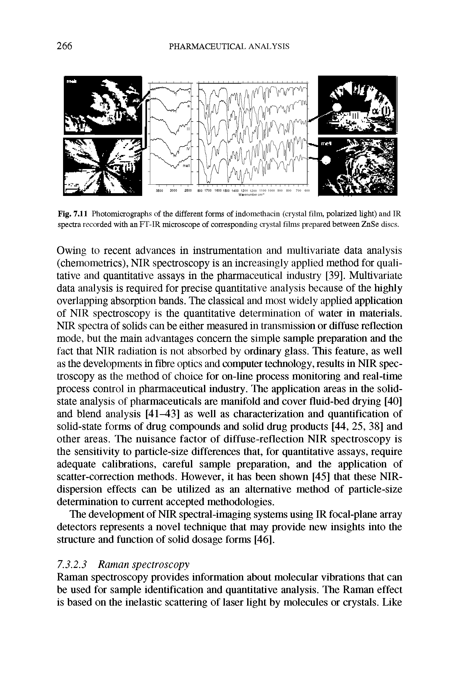 Fig. 7.11 Photomicrographs of the different forms of indomethacin (crystal film, polarized light) and IR spectra recorded with an FT-IR microscope of corresponding crystal films prepared between ZnSe discs.