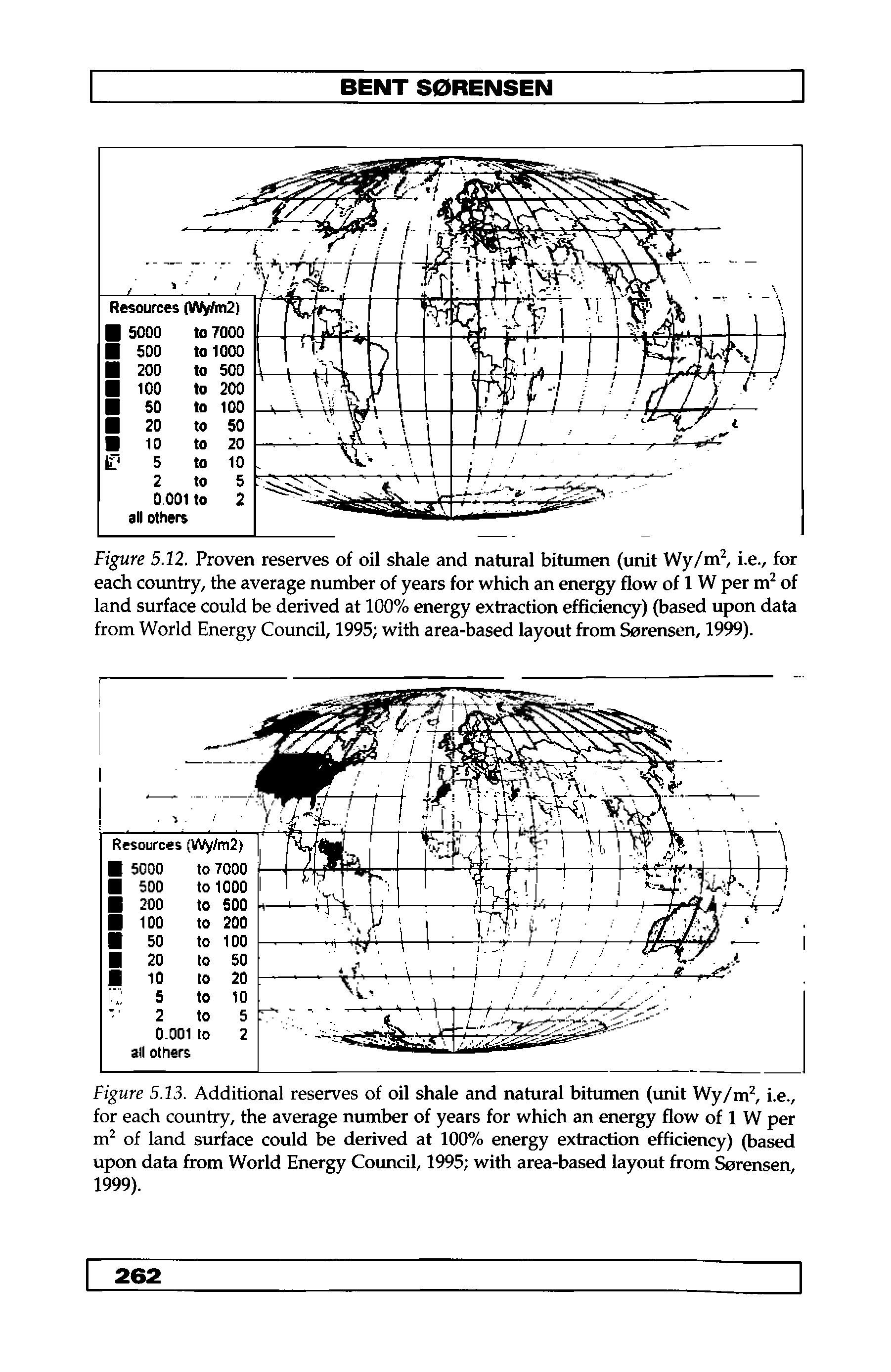 Figure 5.12. Proven reserves of oil shale and natural bitumen (unit Wy/m i.e., for each country, the average number of years for which an energy flow of 1 W per m of land surface could be derived at 100% energy extraction efficiency) (based upon data from World Energy Council, 1995 with area-based layout from Sorensen, 1999).