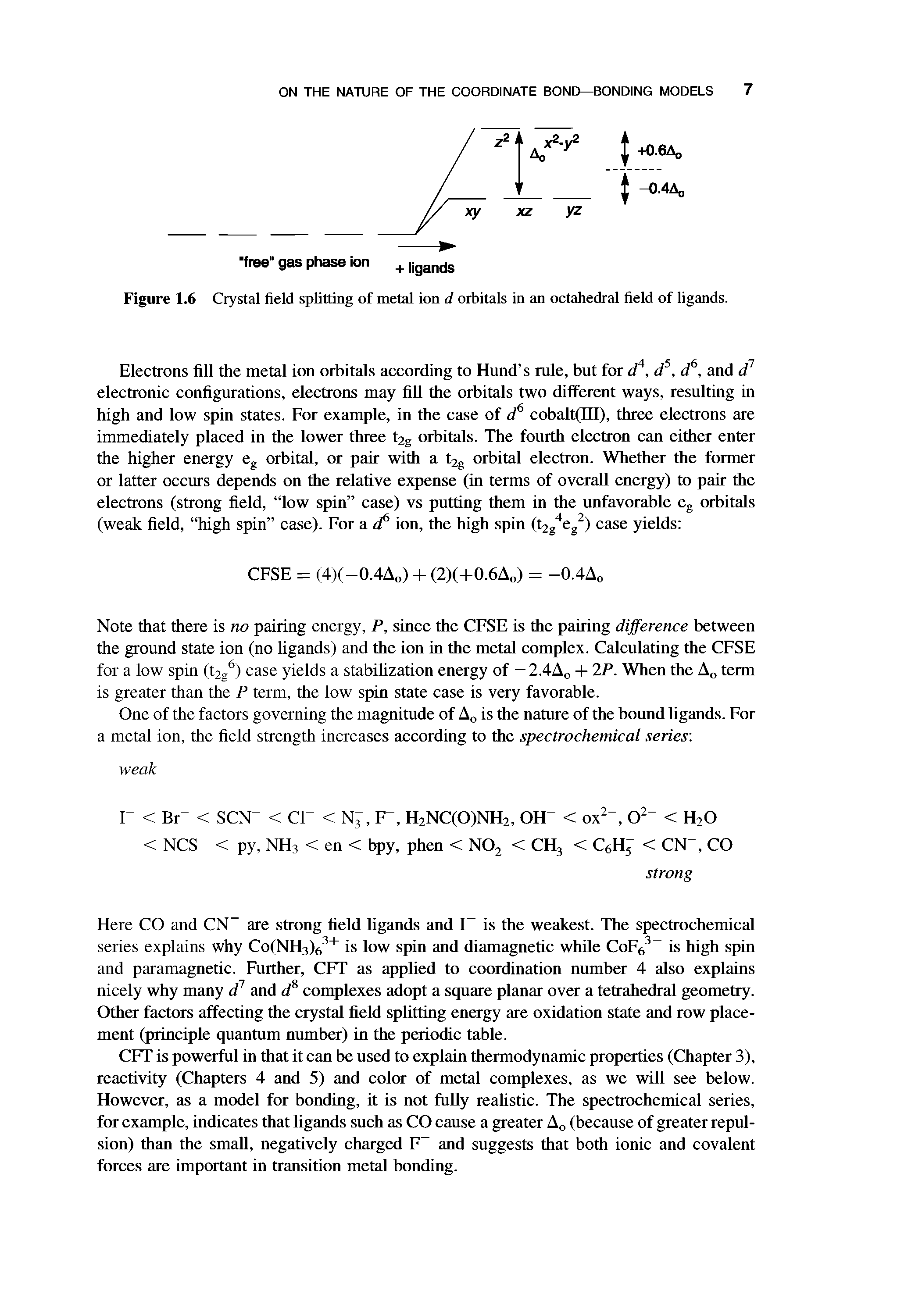 Figure 1.6 Crystal field splitting of metal ion d orbitals in an octahedral field of ligands.